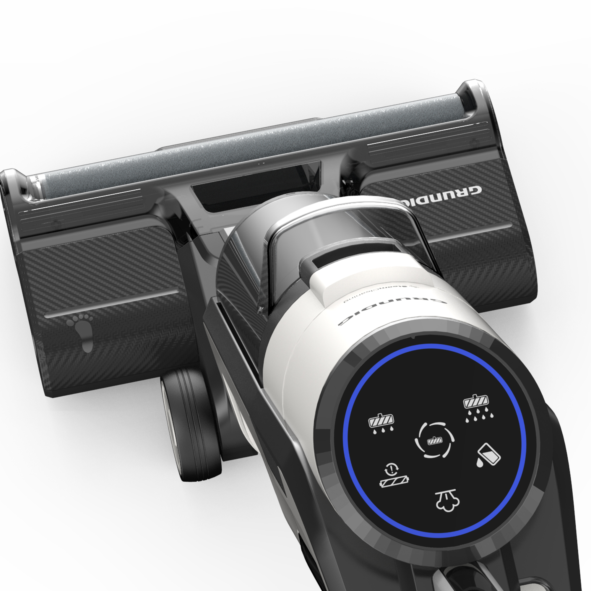 Czarno-biały odkurzacz z wyświetlaczem, skierowany w dół, na białym tle.