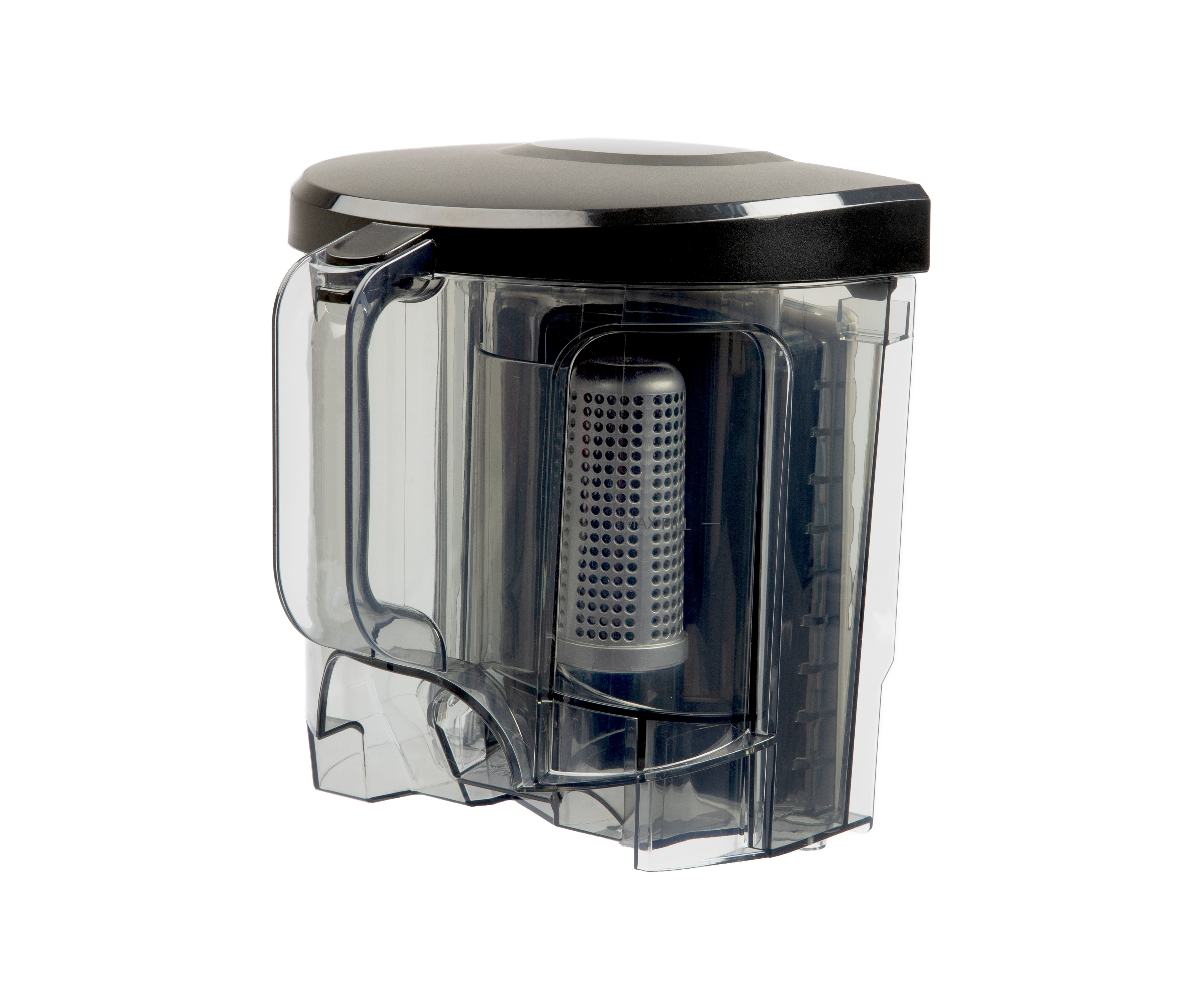 Clear, transparent blender container with a dark lid. The container has a central, cylindrical filter.