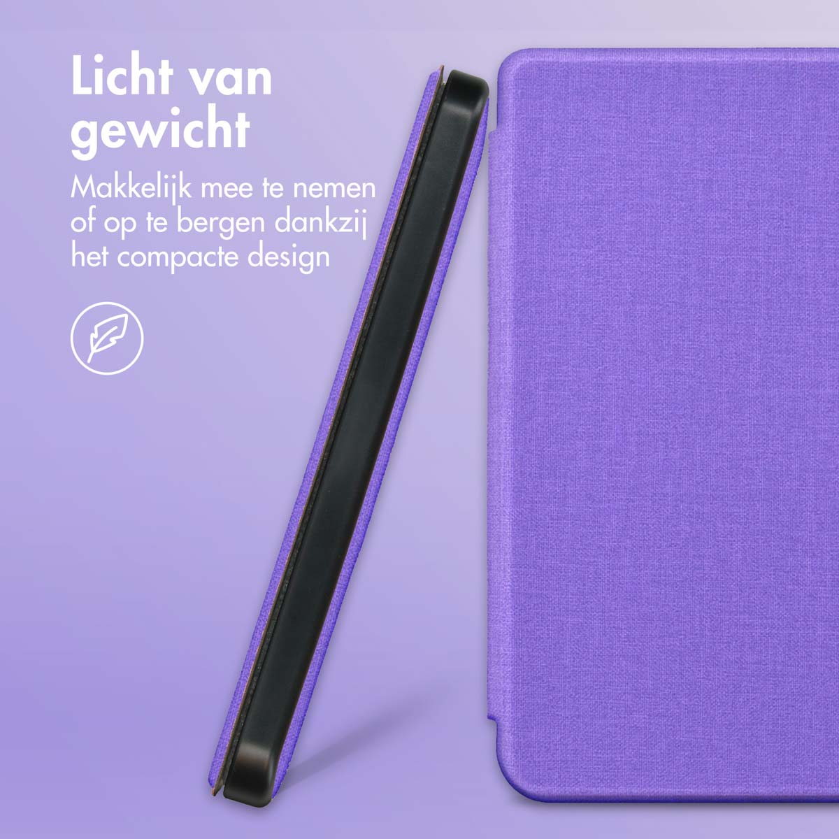 Paarse e-reader hoes met veer-icoon. Lichtgewicht en compact.