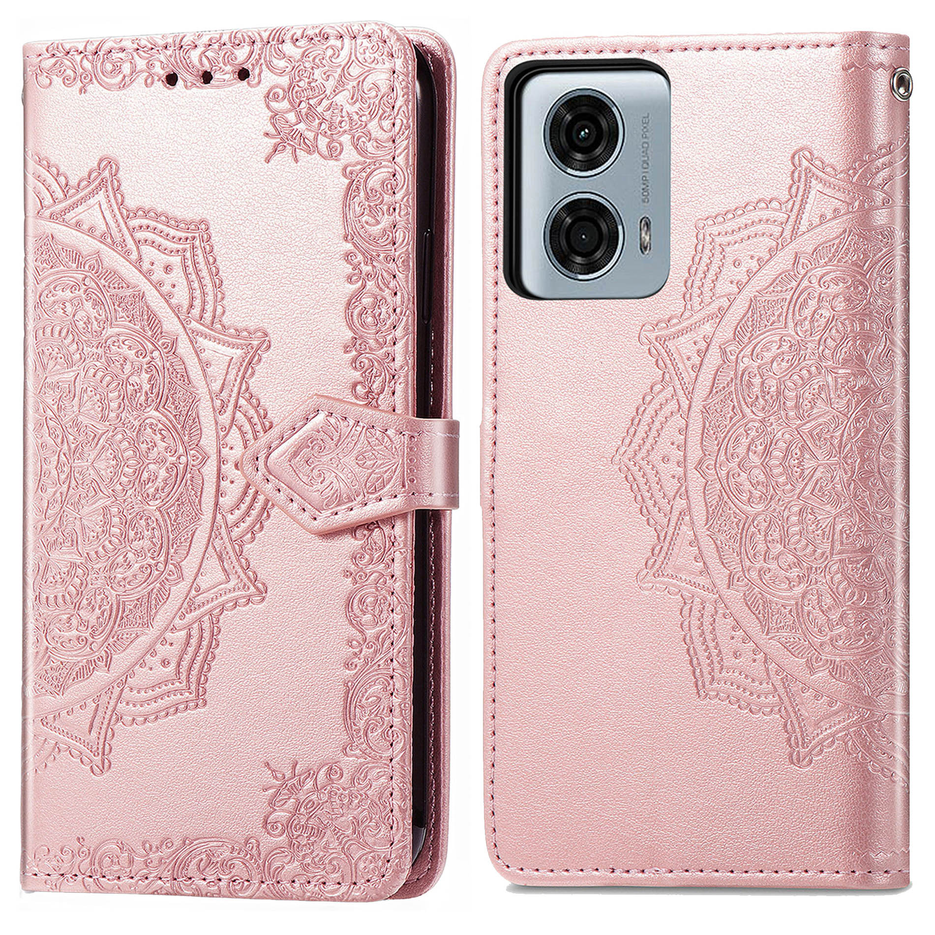 Roze telefoonhoesje met een mandala-ontwerp, gesloten en open, met de telefoon.
