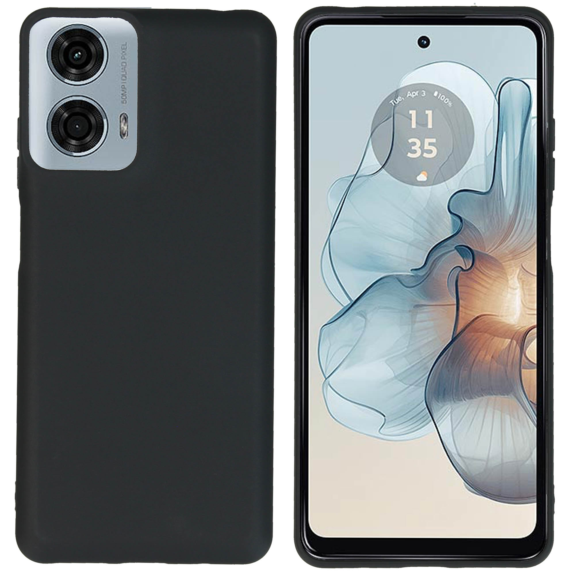 Custodia nera per telefono, retro con fotocamere e fronte con schermo.