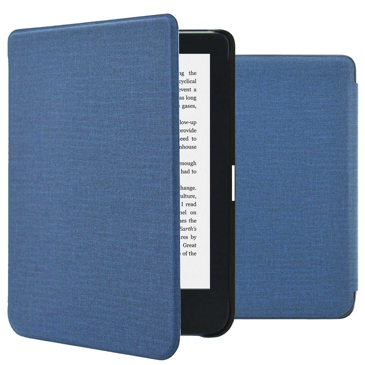 E-reader in a blue cover case. The screen displays text. The cover is partially open.