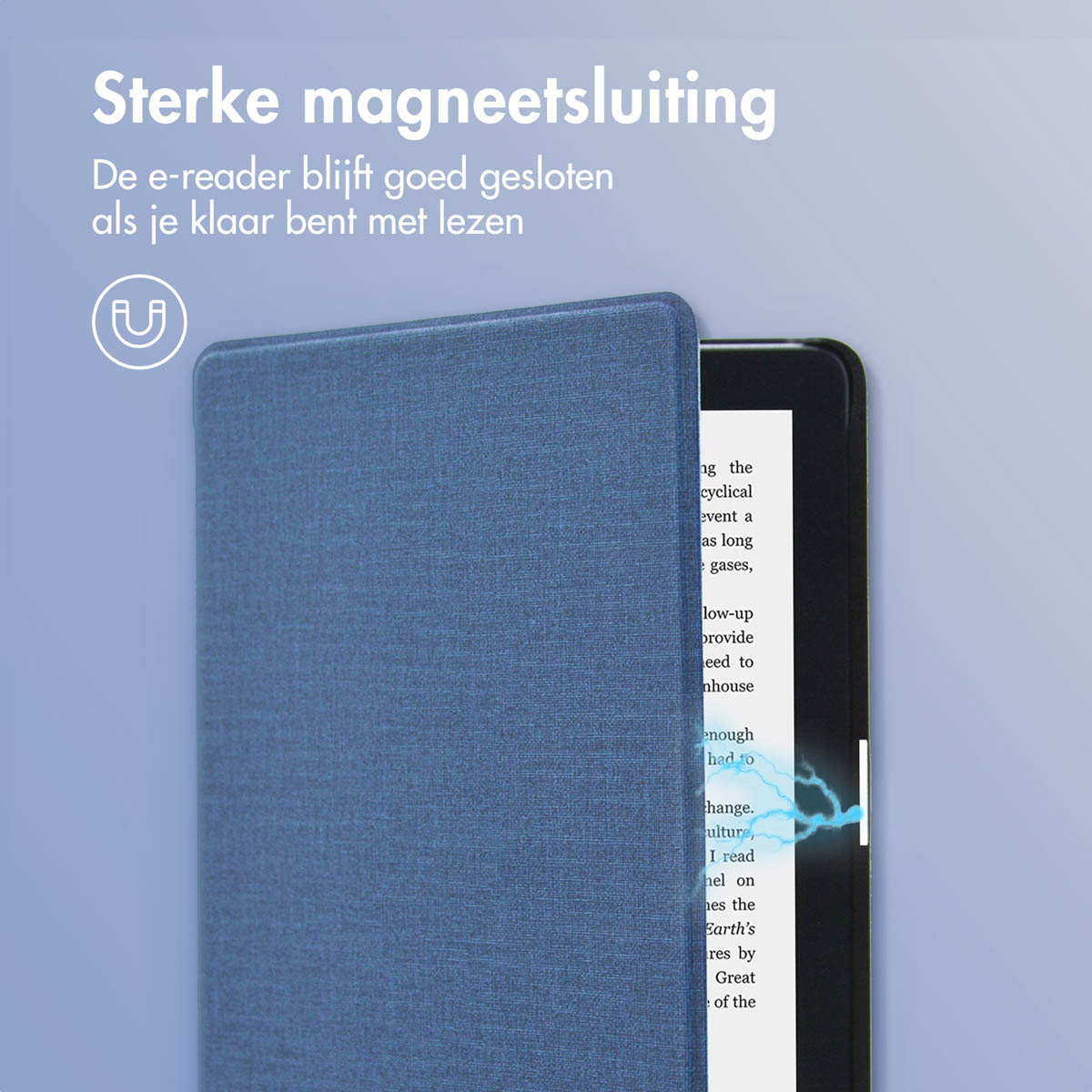 A blue e-reader cover with magnetic closure. Glowing lines suggest magnetic force.