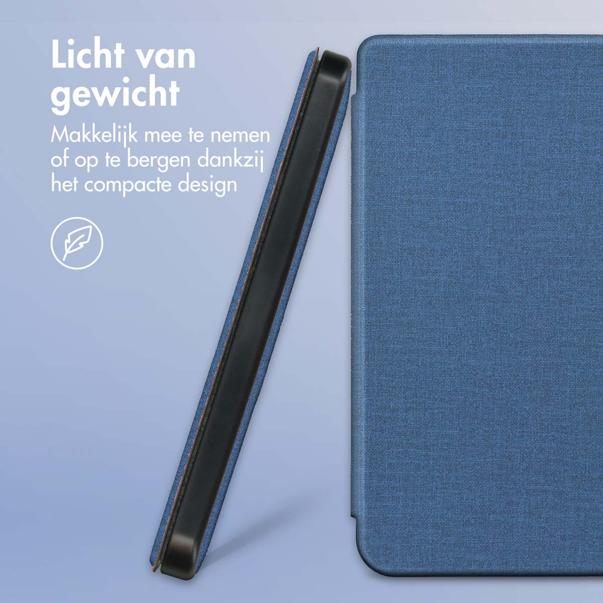 Een blauwe tablethoes wordt getoond, met de tekst 'Licht van gewicht' en een bladicoon, waarbij het compacte ontwerp wordt benadrukt.