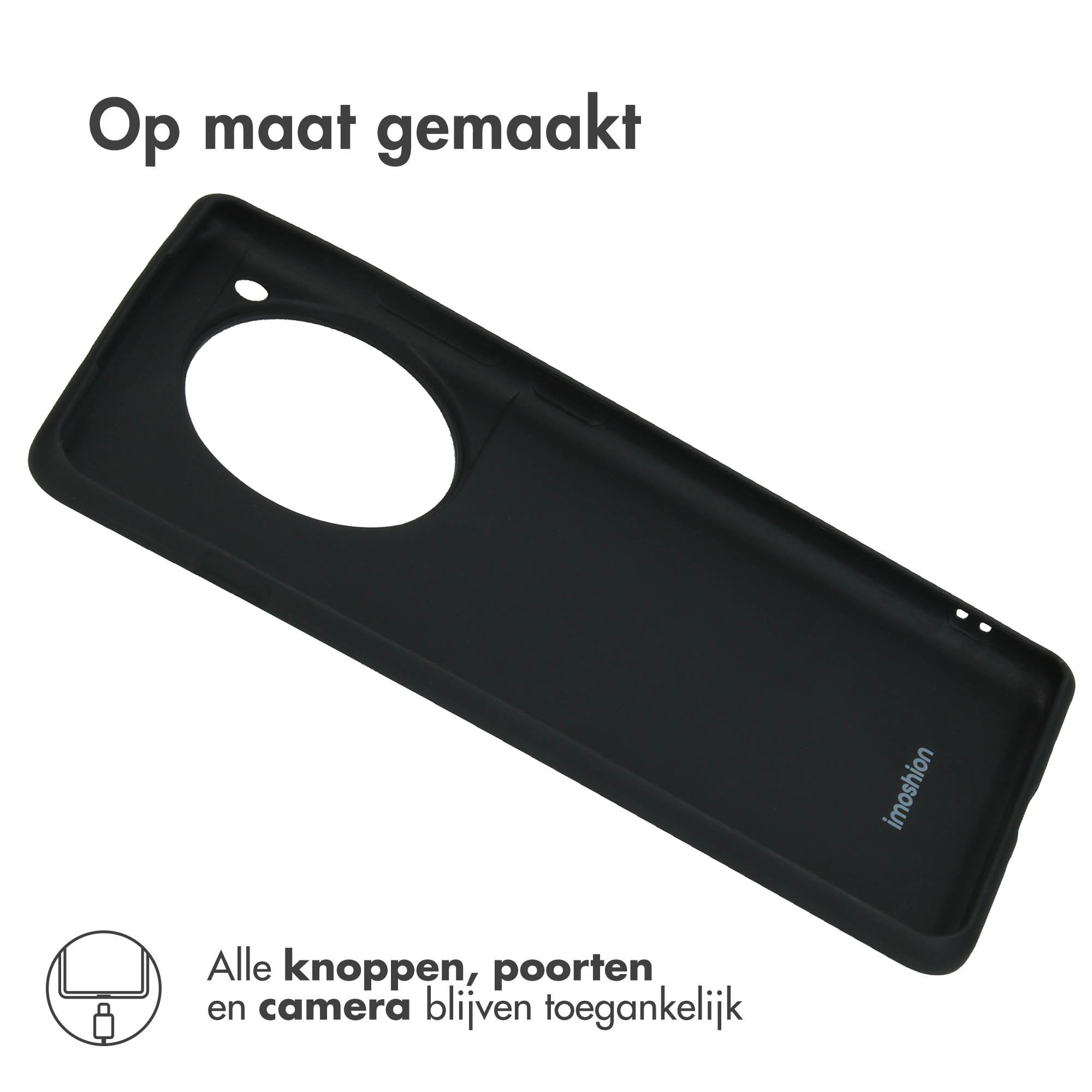 Coque de téléphone noire, vue en angle, avec texte et logo.