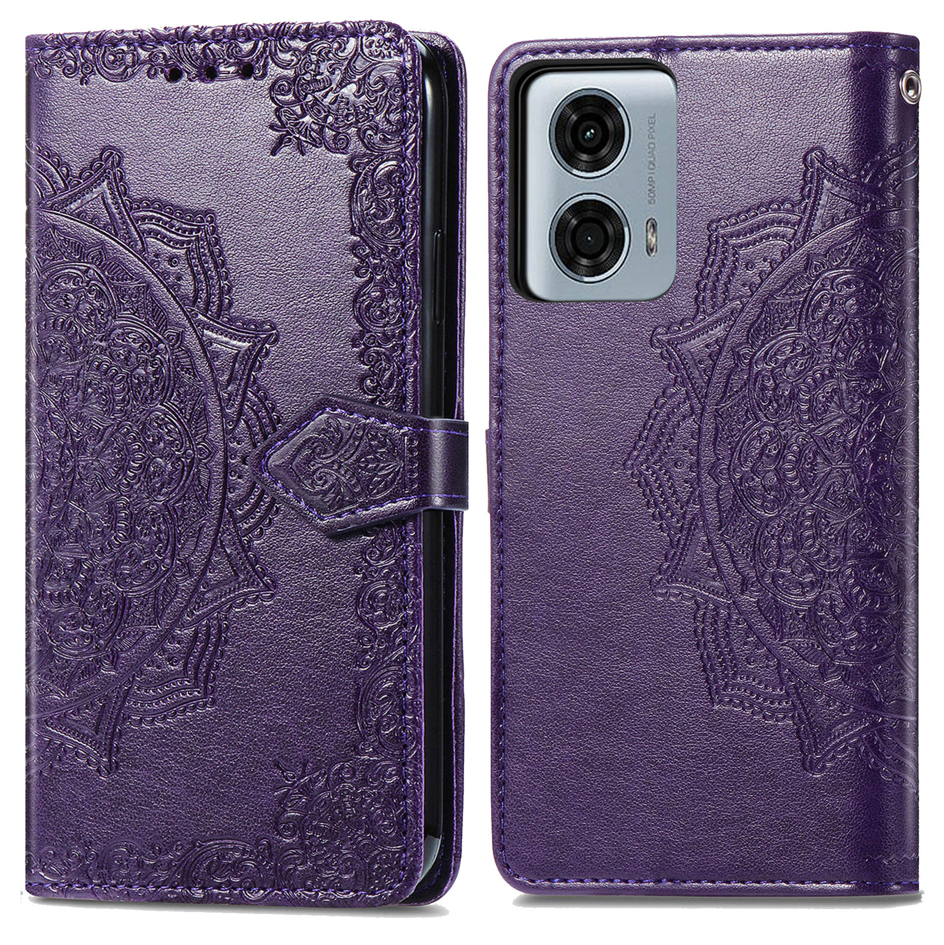 Une coque de téléphone violette avec un motif floral et une fermeture à pression. La coque est ouverte.