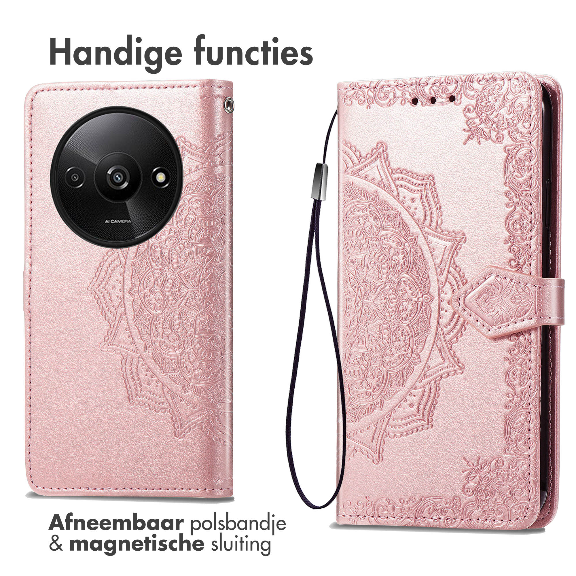 Due viste di una custodia rosa per telefono con motivo mandala, ritaglio fotocamera e cinturino.