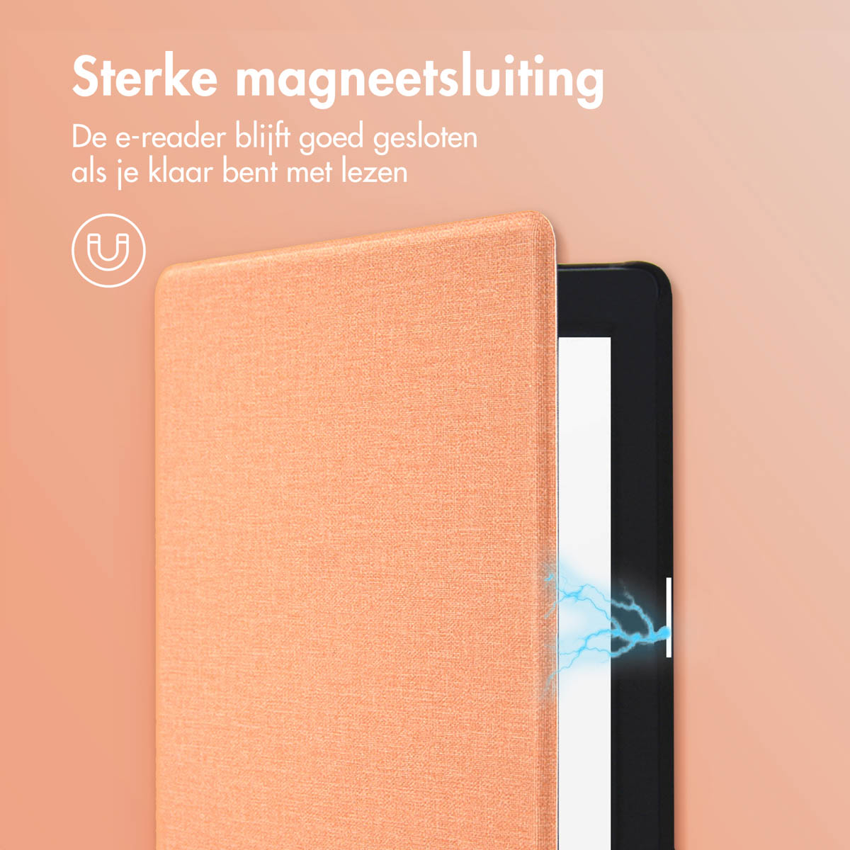 Couverture orange pour e-reader avec fermeture magnétique. Gros plan de l'appareil fermé.