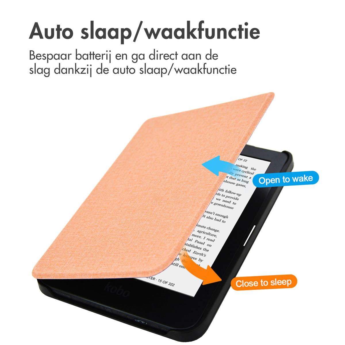 Orange cover e-reader open, text on screen, and arrows indicating open and close.