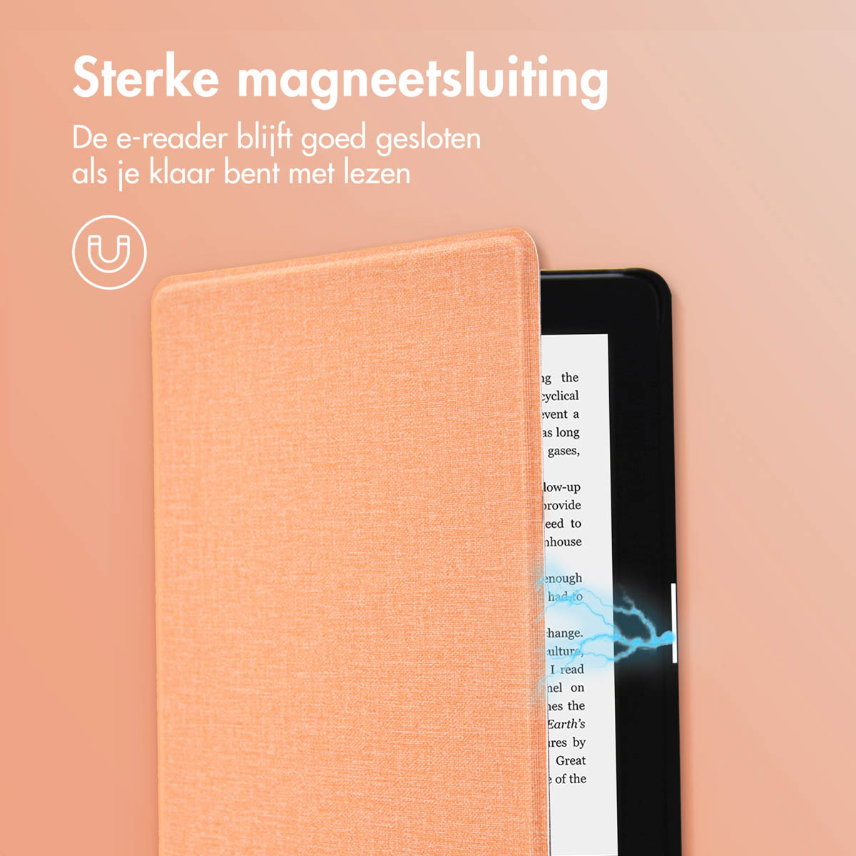 An e-reader with an orange case partially open. The screen shows text.