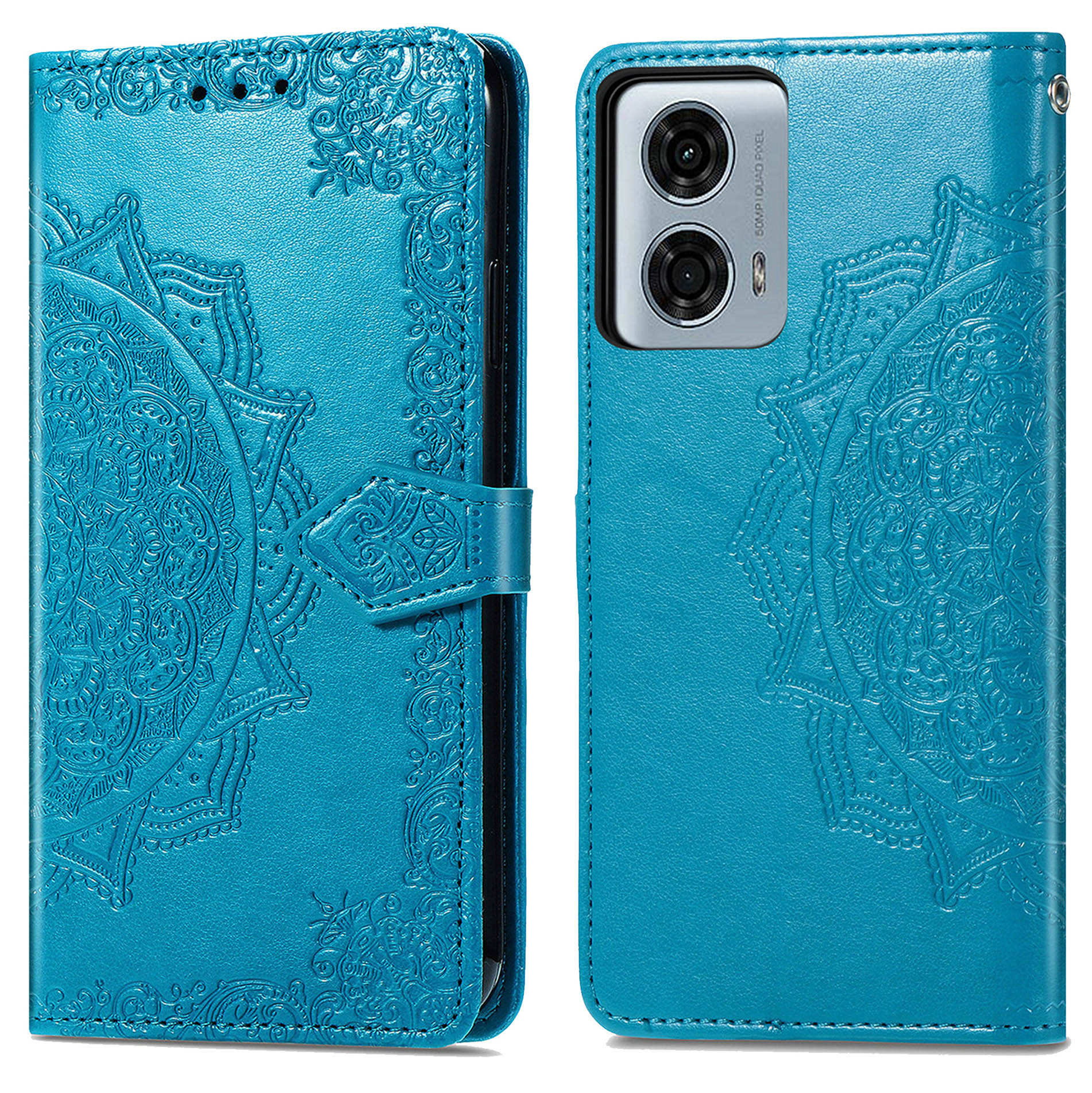 Blauwe telefoonhoes met patroon open. Het toont de telefoon met camera.