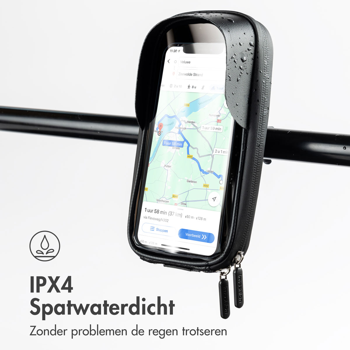 Waterproof phone holder with navigation app displayed on screen.