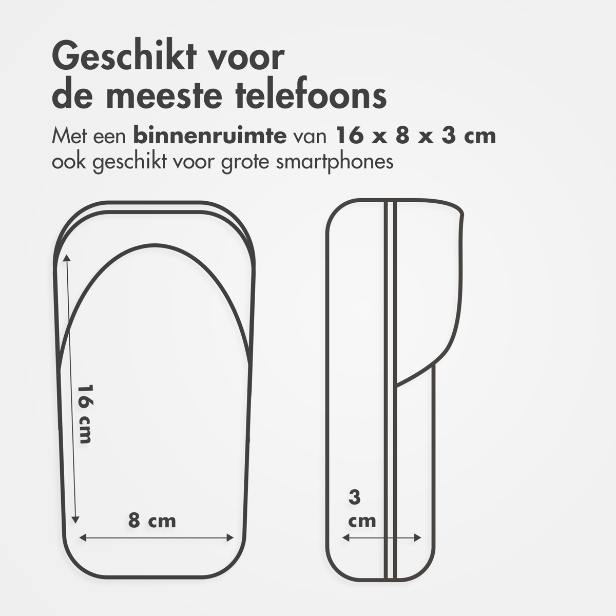 Illustration shows dimensions of a phone case: 16x8x3cm.