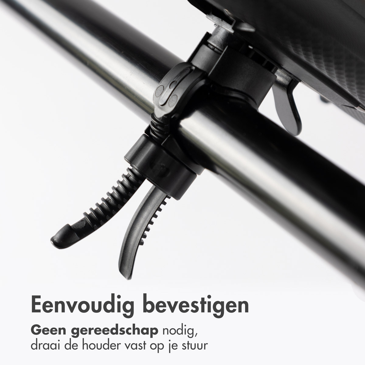 A black bicycle mount attached to a handlebar, no tools required for attachment.