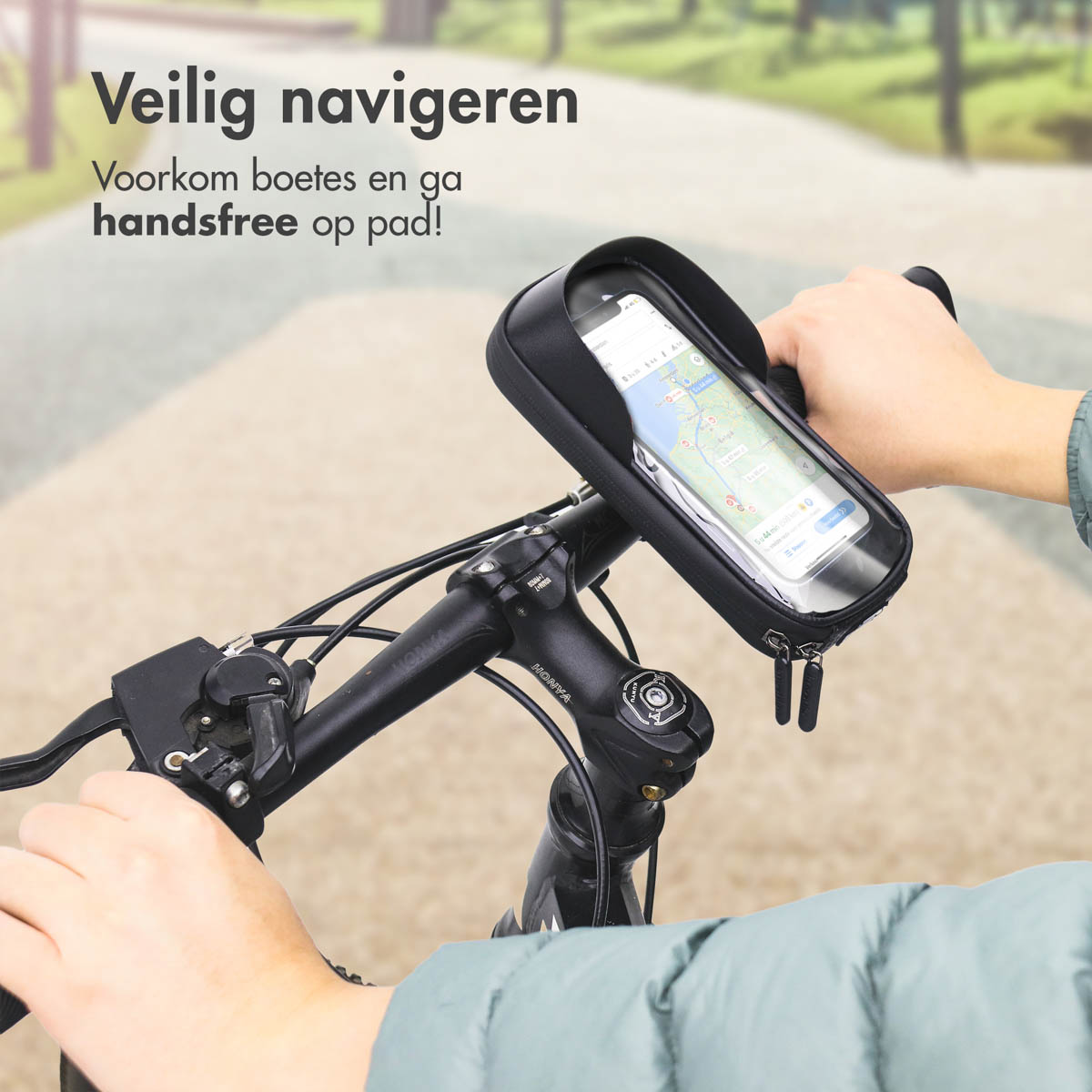 Bicycle handlebar with phone holder, showing navigation.
