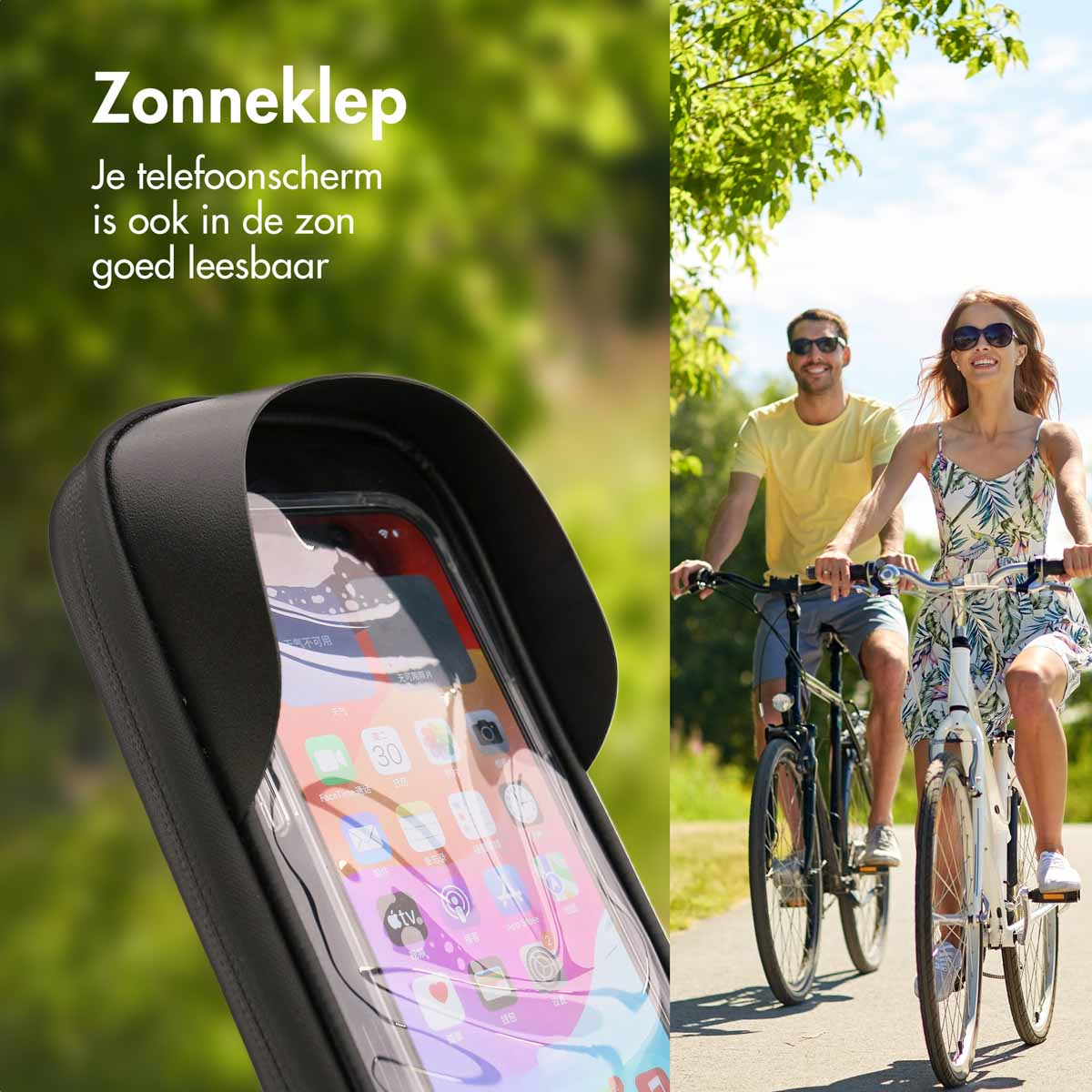 A man and woman cycle on a path. A phone holder is in the foreground.