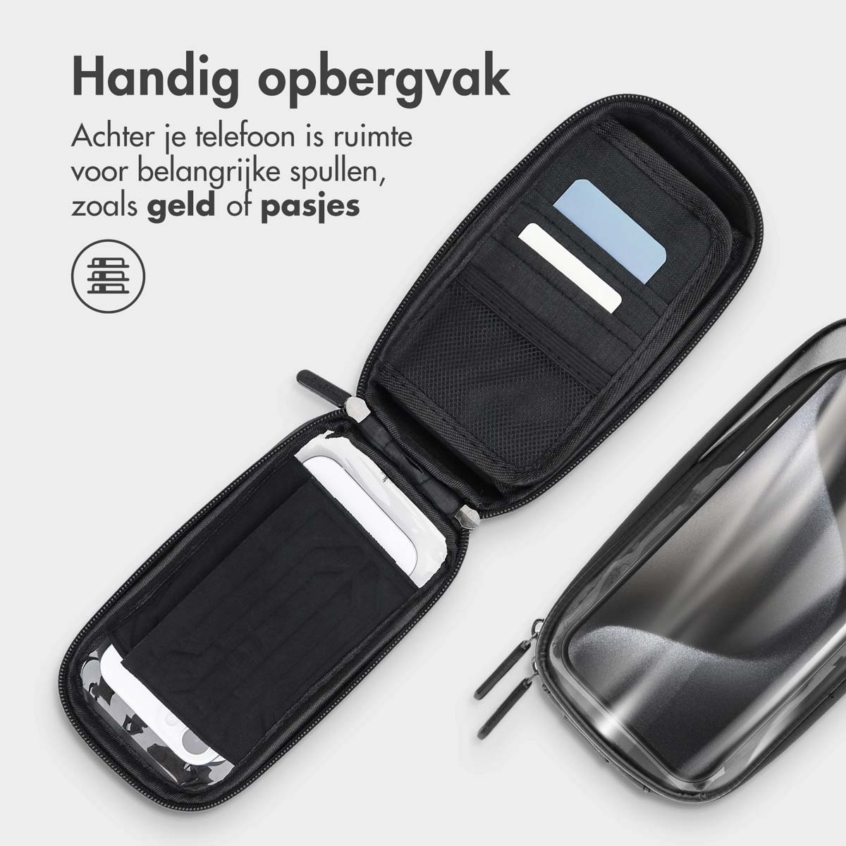 A black bike bag set with compartments for phone, money, and cards.
