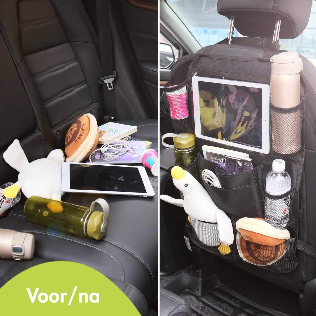 A car organizer with toys, tablets, and drinks on the back seat.