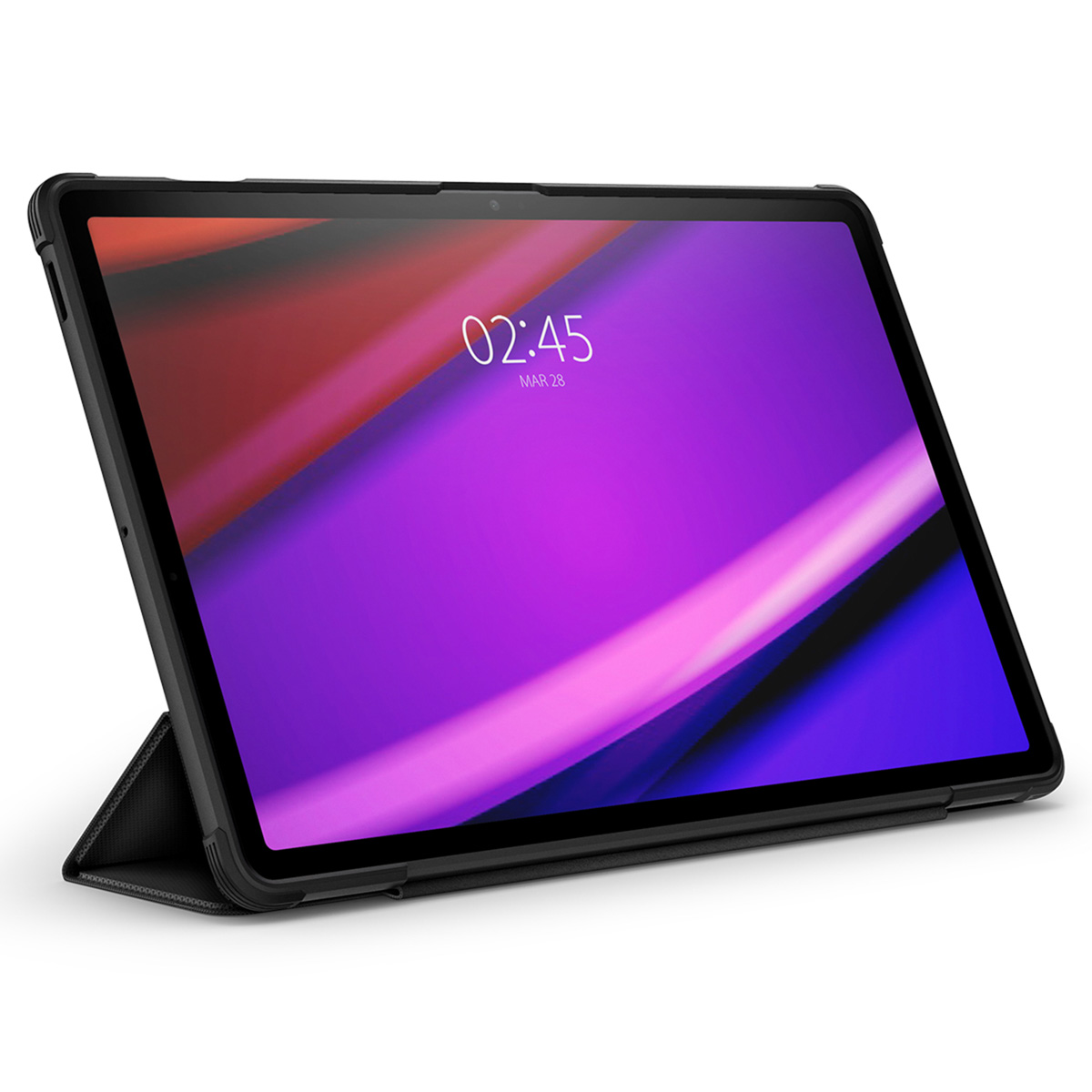 Ein schwarzes Tablet mit einem farbigen Hintergrundbild, das 02:45 anzeigt.