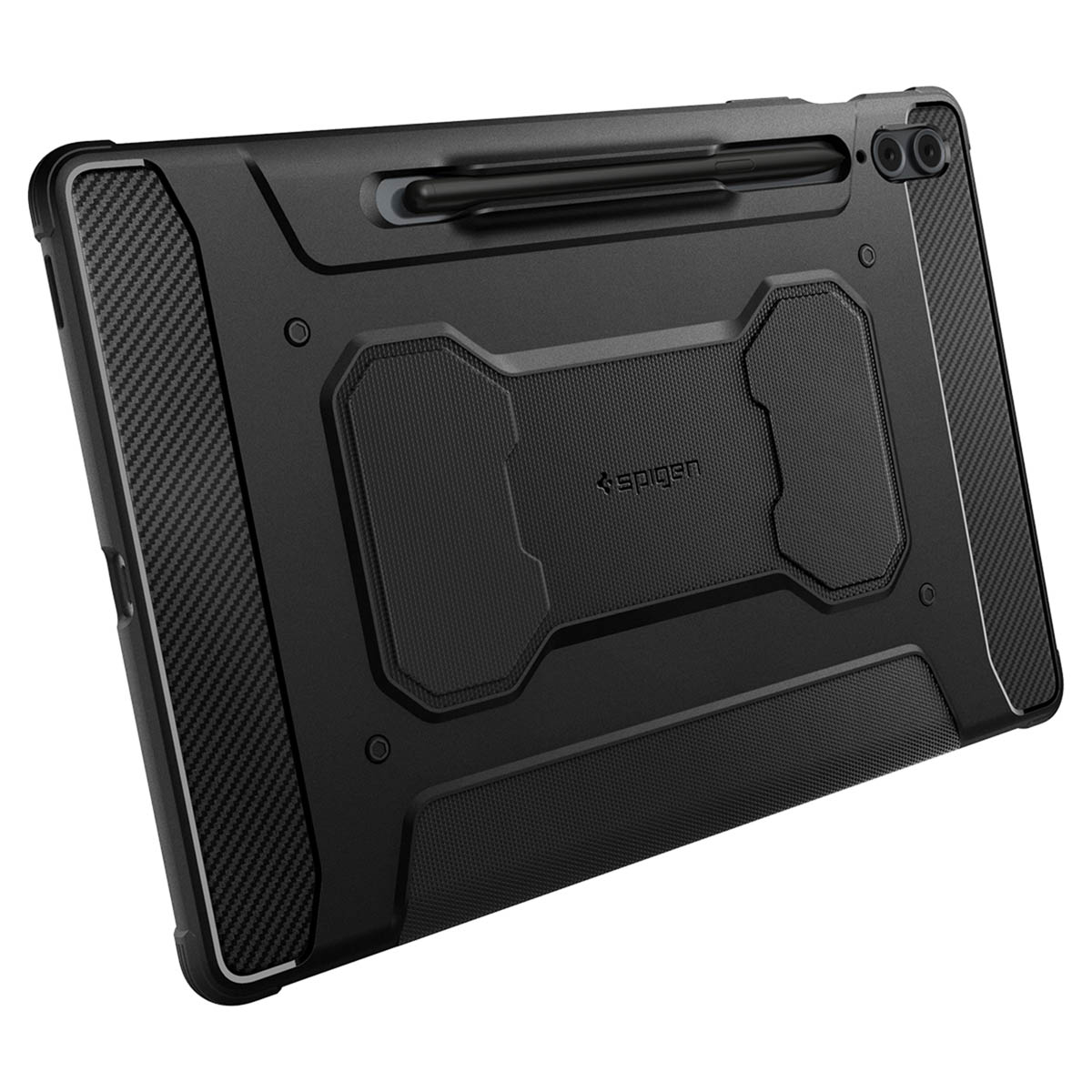 Eine schwarze Tablethülle mit Ständer und Stifthalter. Es hat Kohlefaser-Akzente.