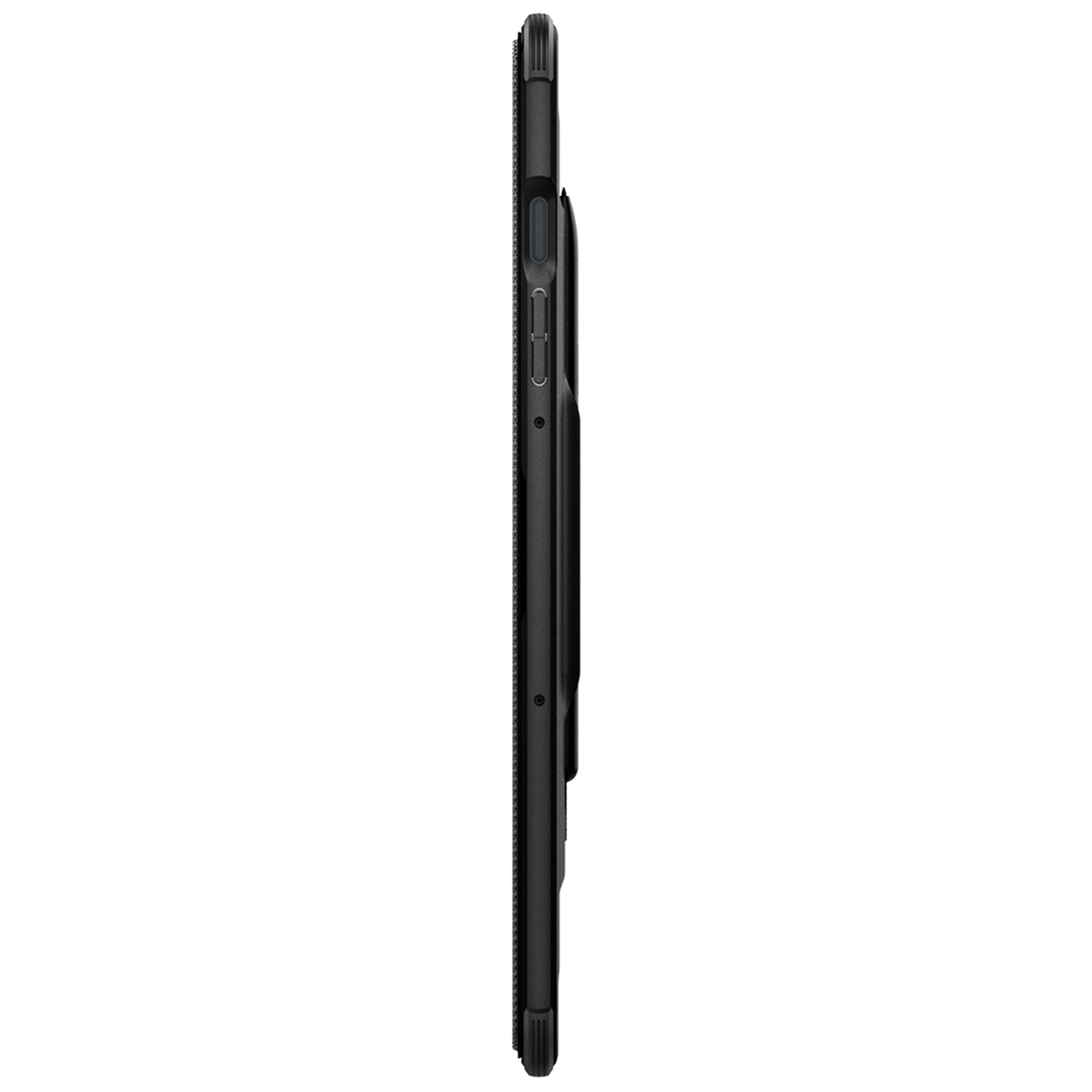 Eine schwarze Tablet-Hülle von der Seite. Die Hülle ist geschlossen mit Stifthalter und Knöpfen an der Seite.