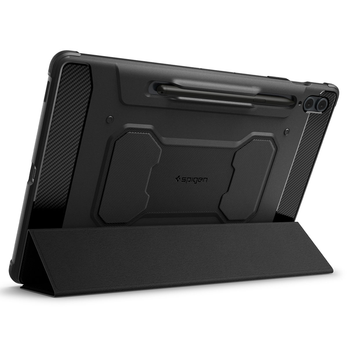 Schwarze Tablet-Hülle mit Ständer, Tablet und Stifthalterung.