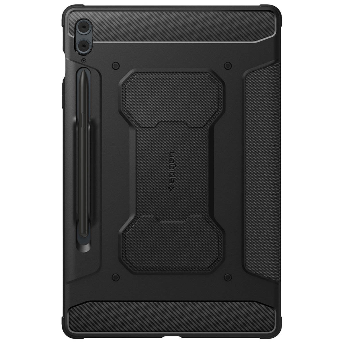 Schwarze Schutzhülle für Tablets mit Stifthalter und robustem Design.