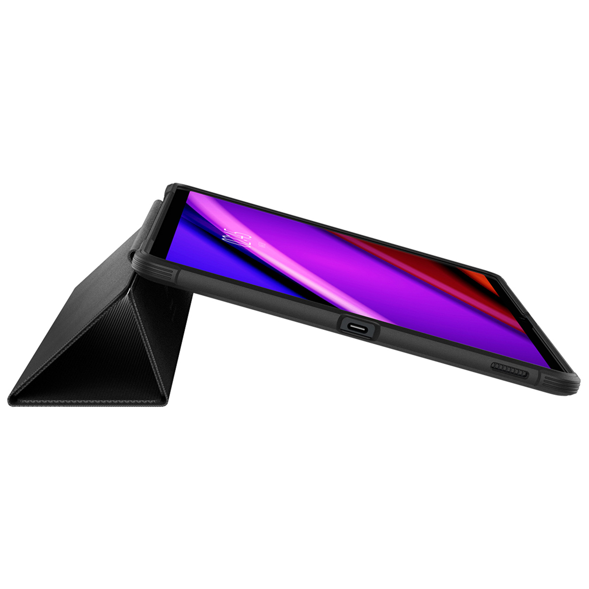 Tablet in einer schwarzen Hülle, schräg geöffnet. Der Bildschirm ist sichtbar.