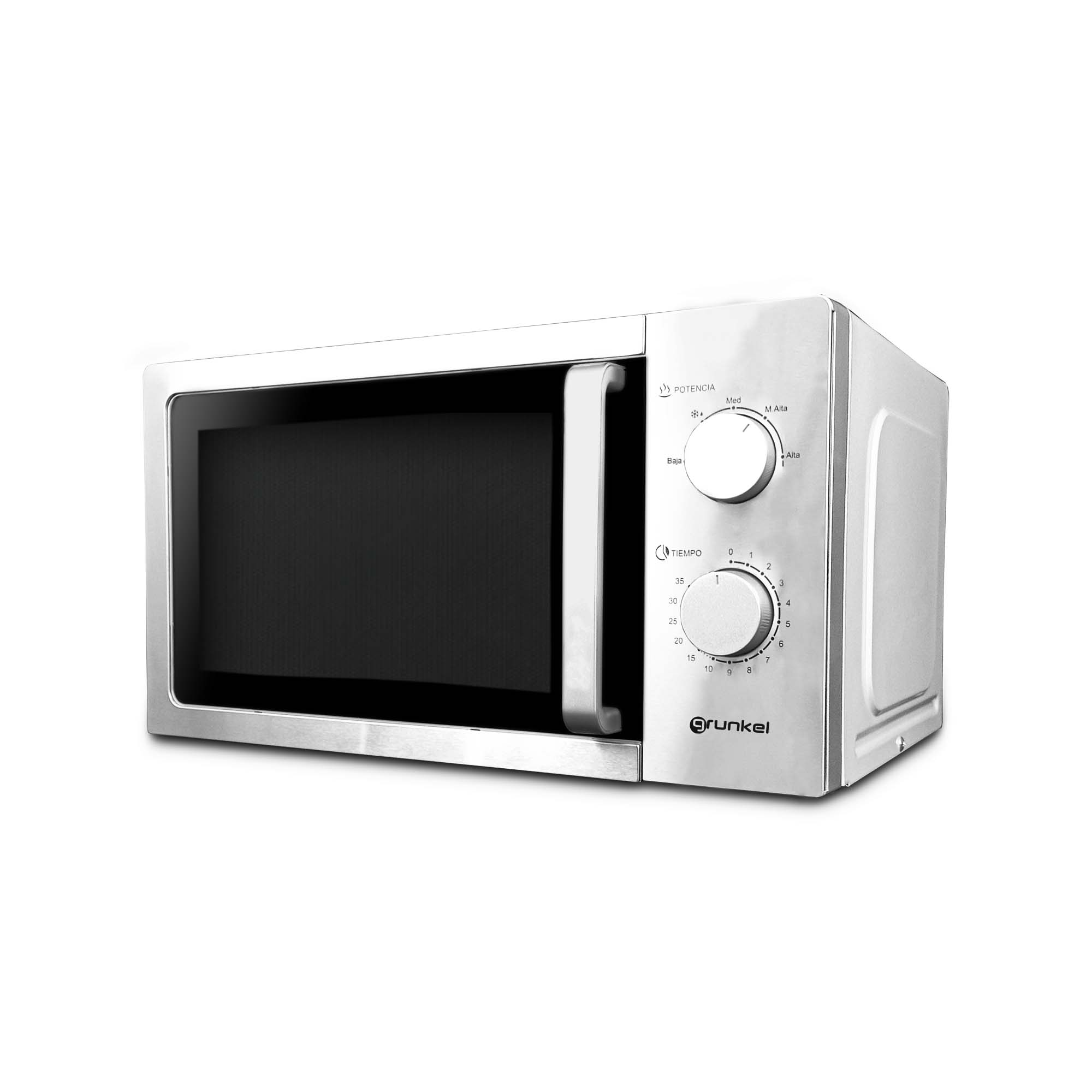 Un horno de microondas blanco con perillas de control y una manija. La puerta está cerrada.