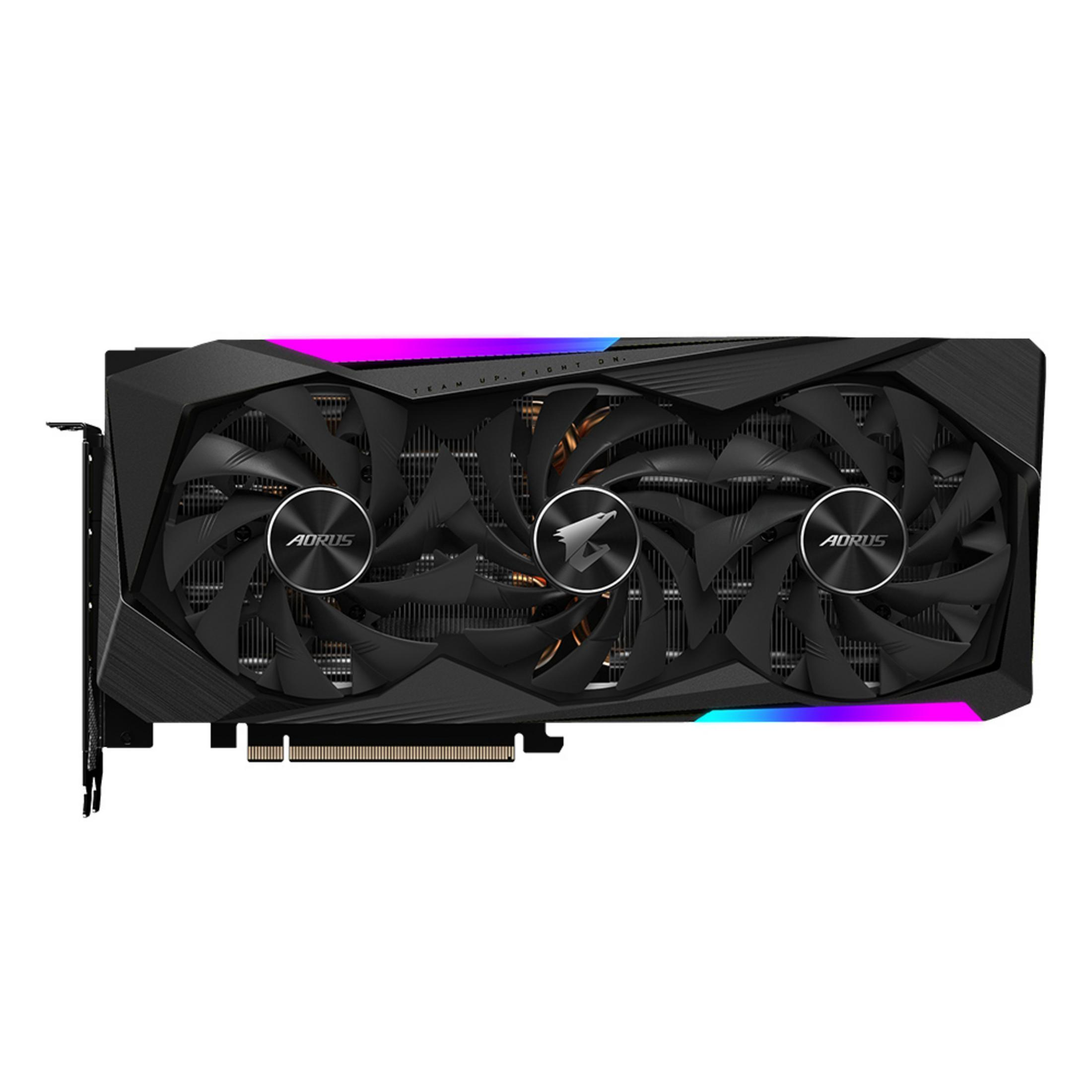 Scheda grafica AORUS nera con tre ventole. Illuminazione RGB sui lati.