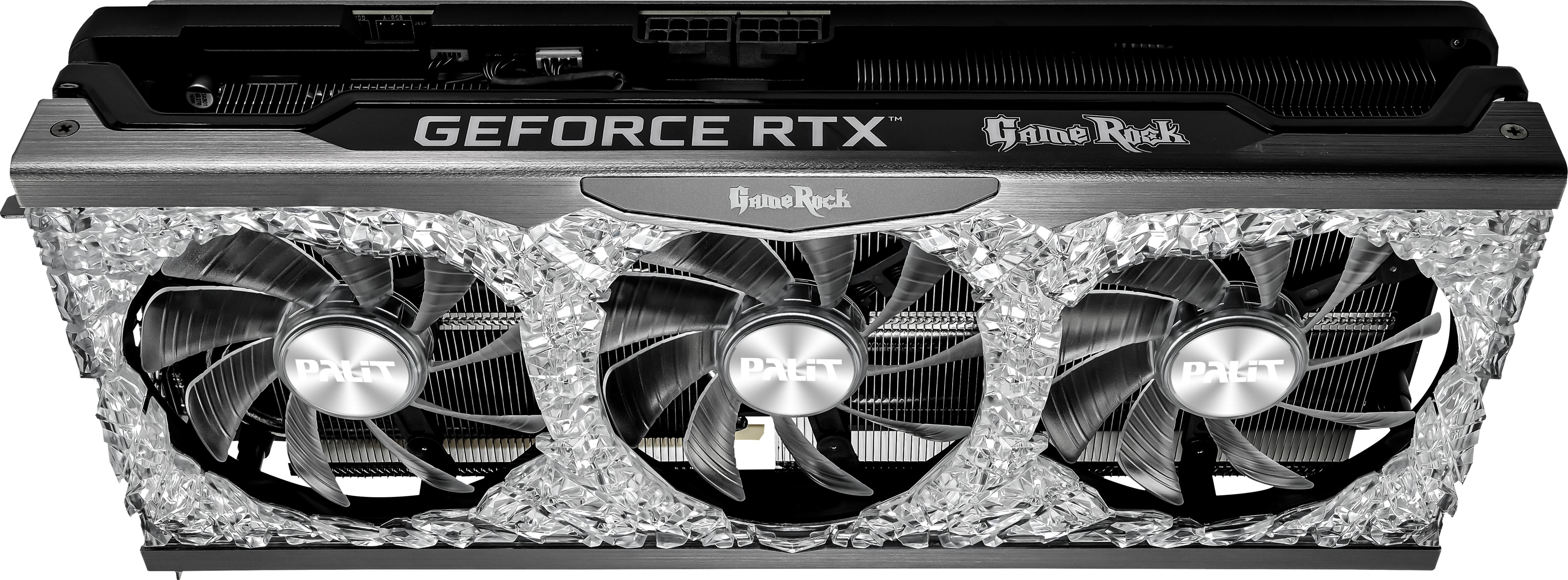 Gaming-GPU mit drei Lüftern, silbernes Gehäuse.