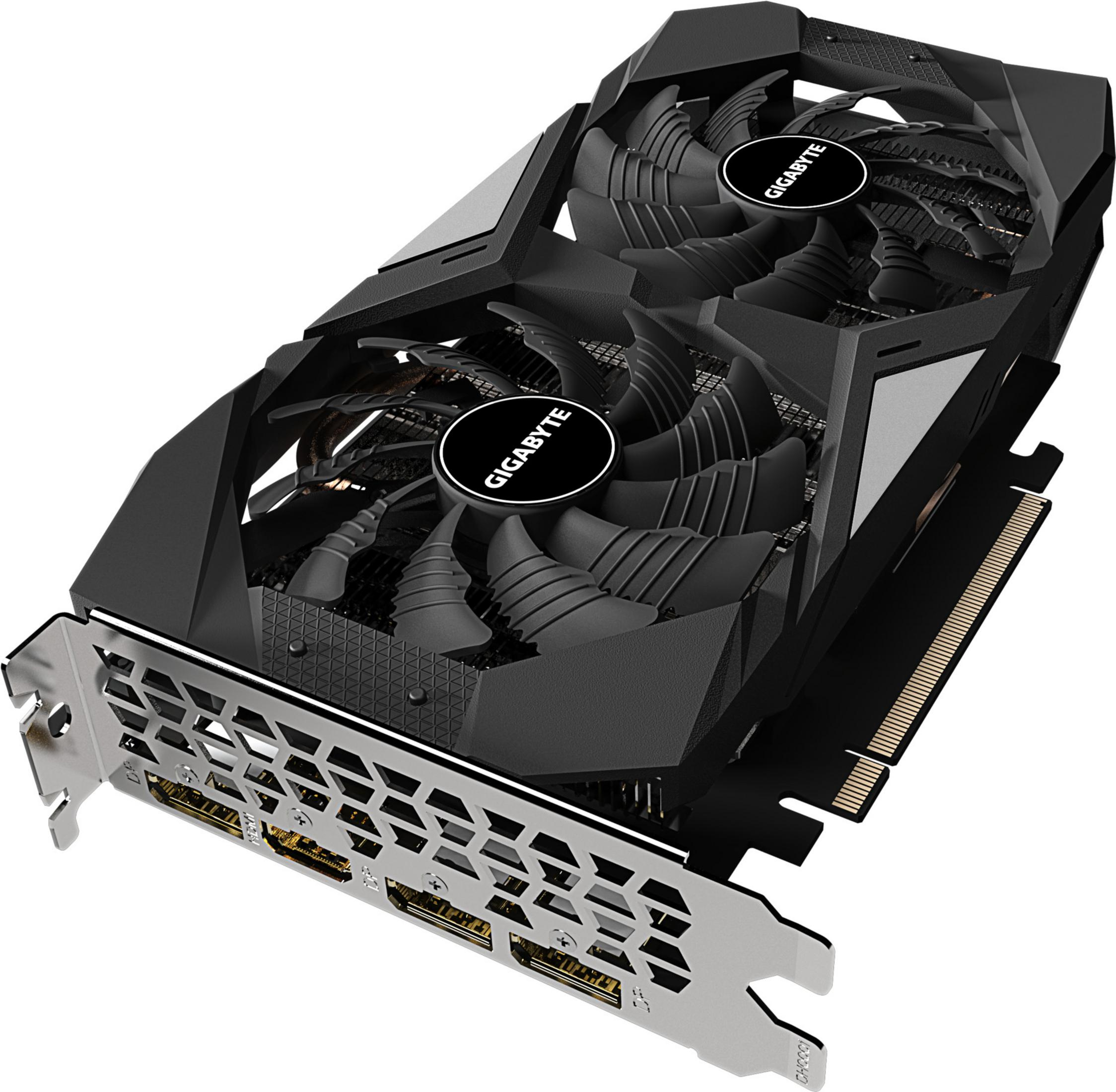 Tarjeta gráfica Gigabyte negra con ventiladores duales. Fondo blanco.