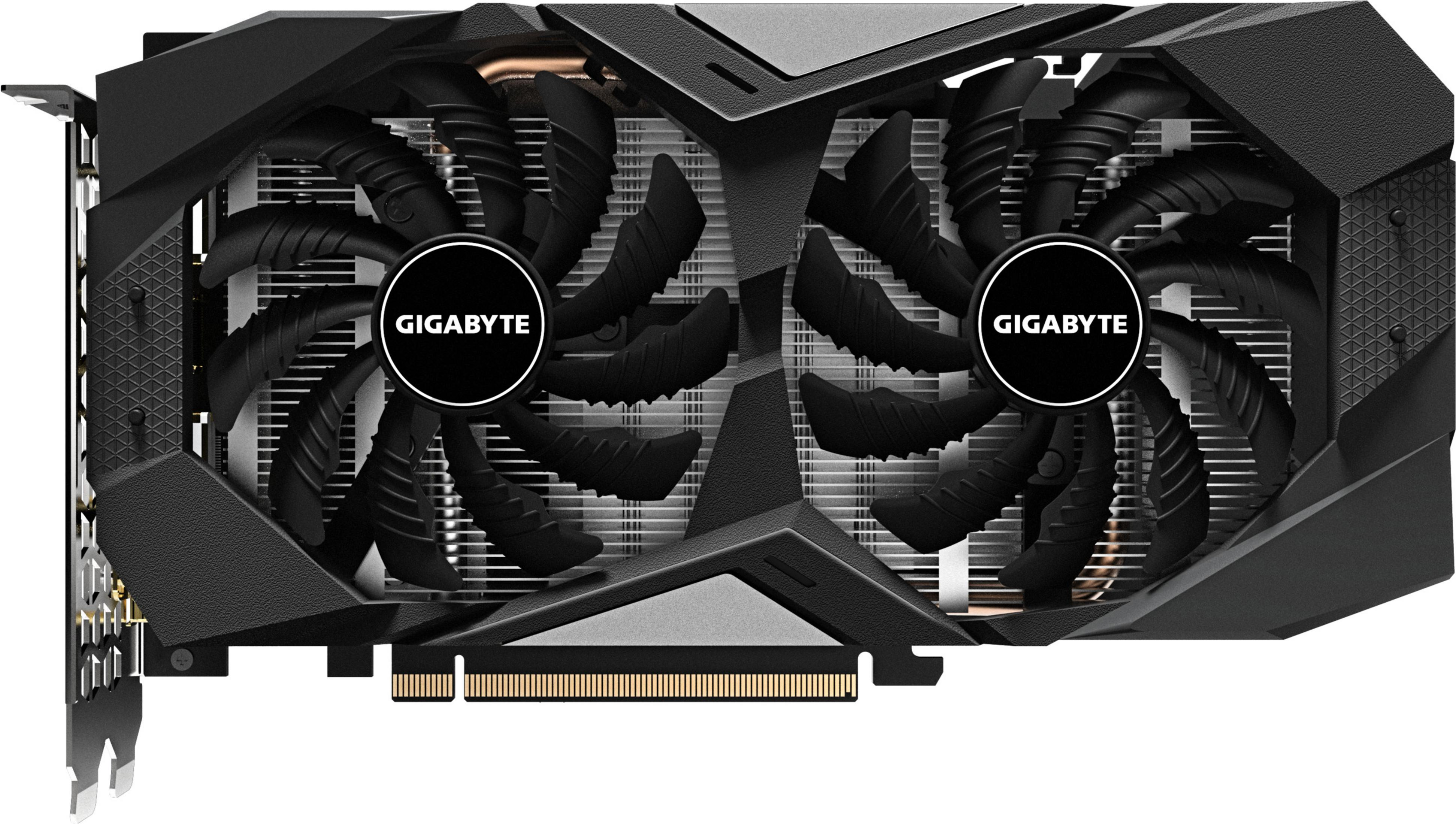 Una tarjeta gráfica Gigabyte negra y gris con dos ventiladores.