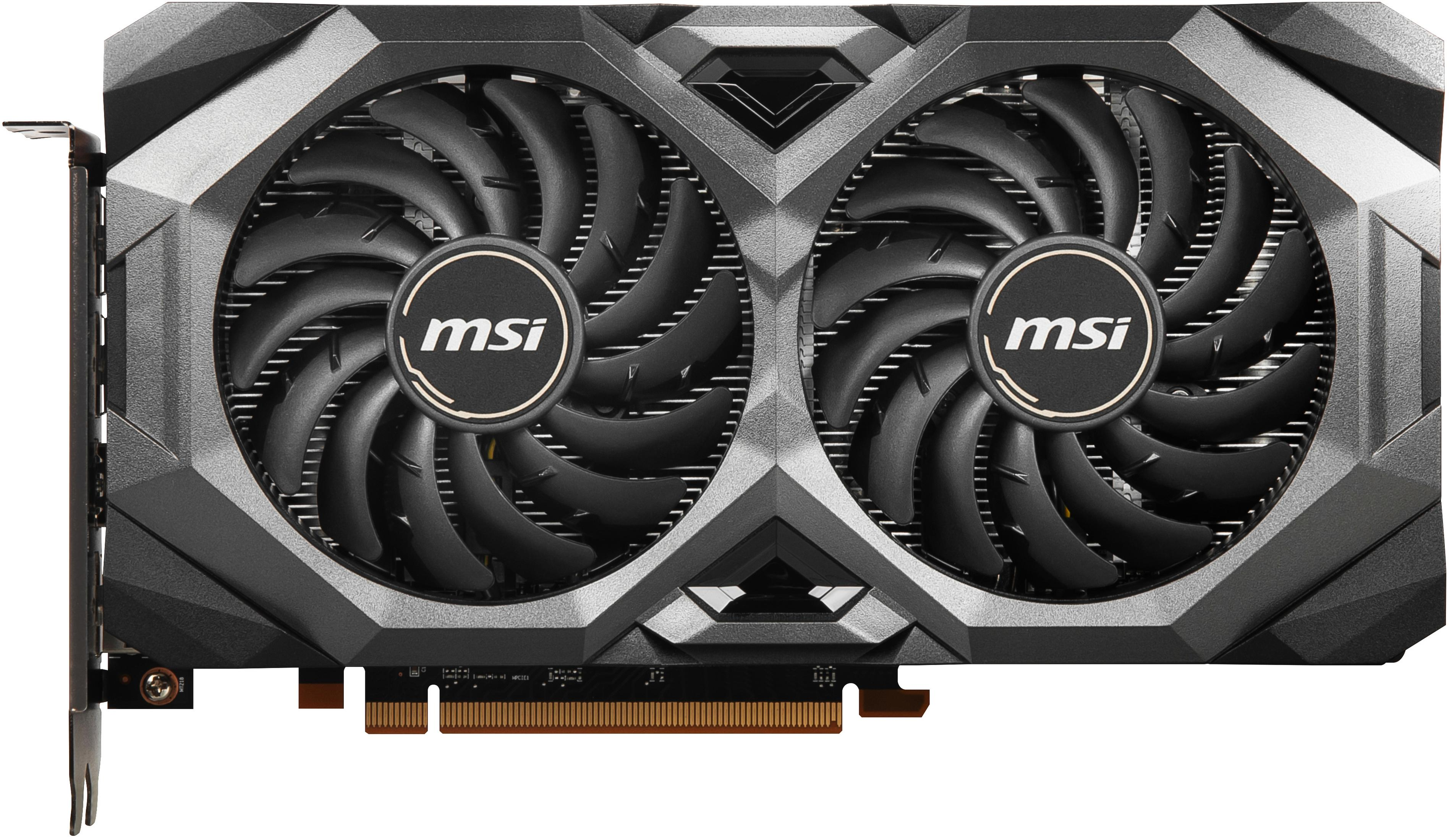 Grafikkarte mit zwei schwarzen Lüftern und MSI-Logo.