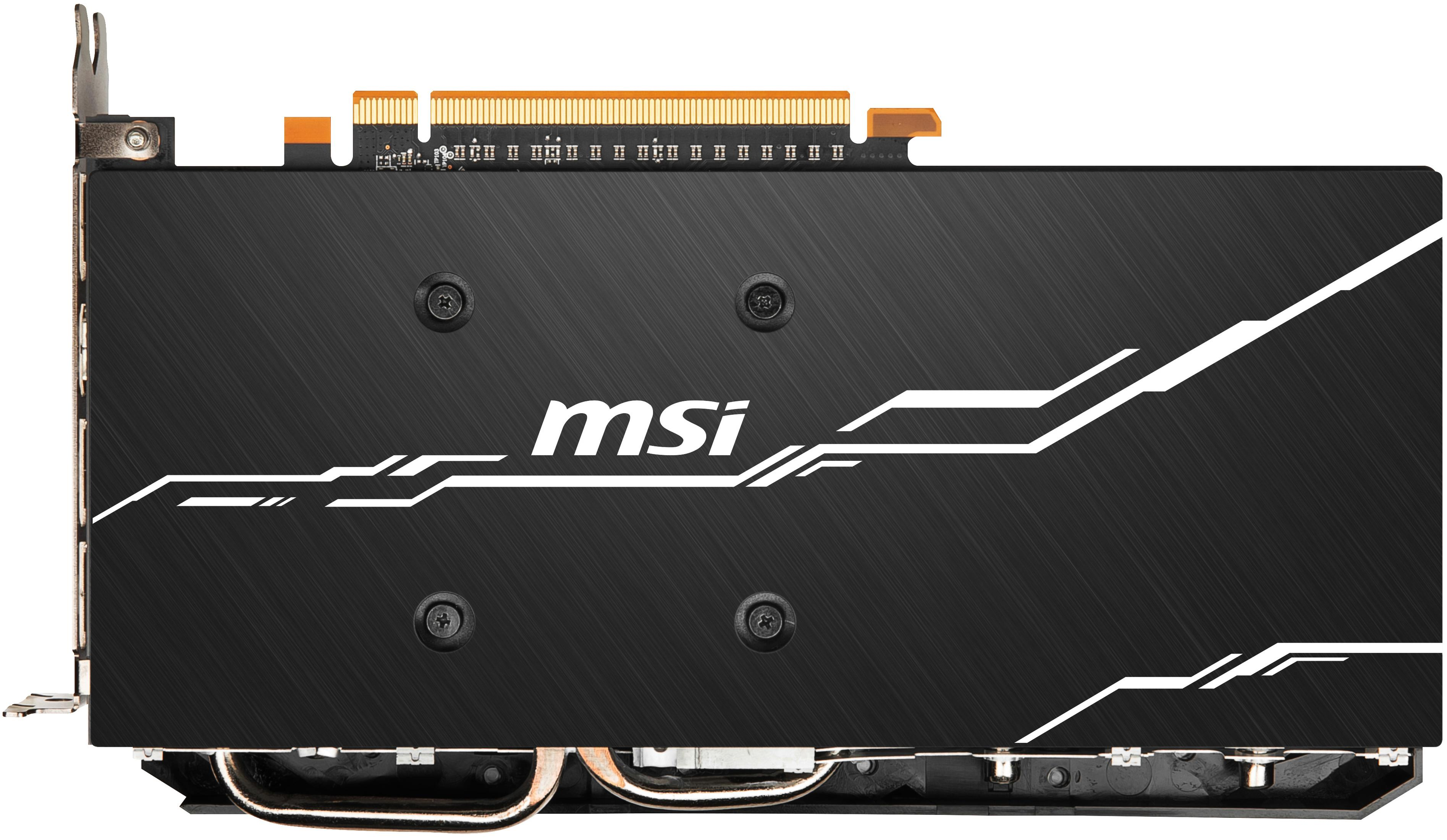 Schwarze MSI-Grafikkarte mit MSI-Logo auf der Rückseite, auf weißem Hintergrund.