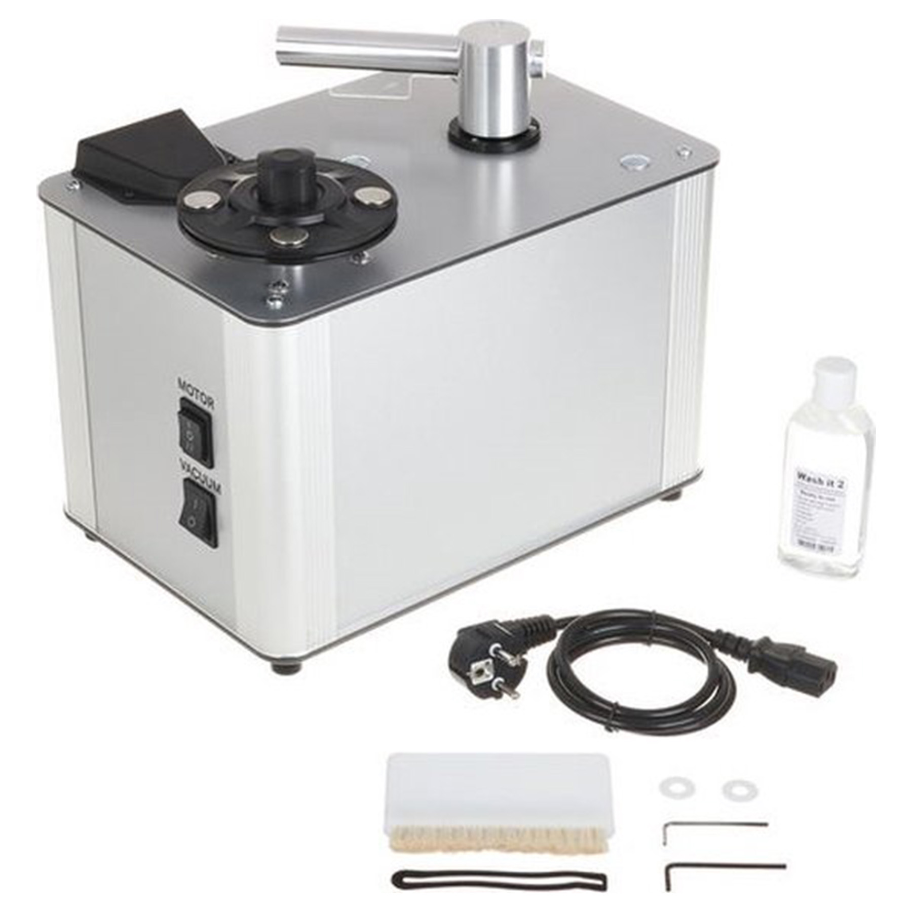 Srebrna maszyna z częściami i butelką płynu. Kable i szczotka również obecne.