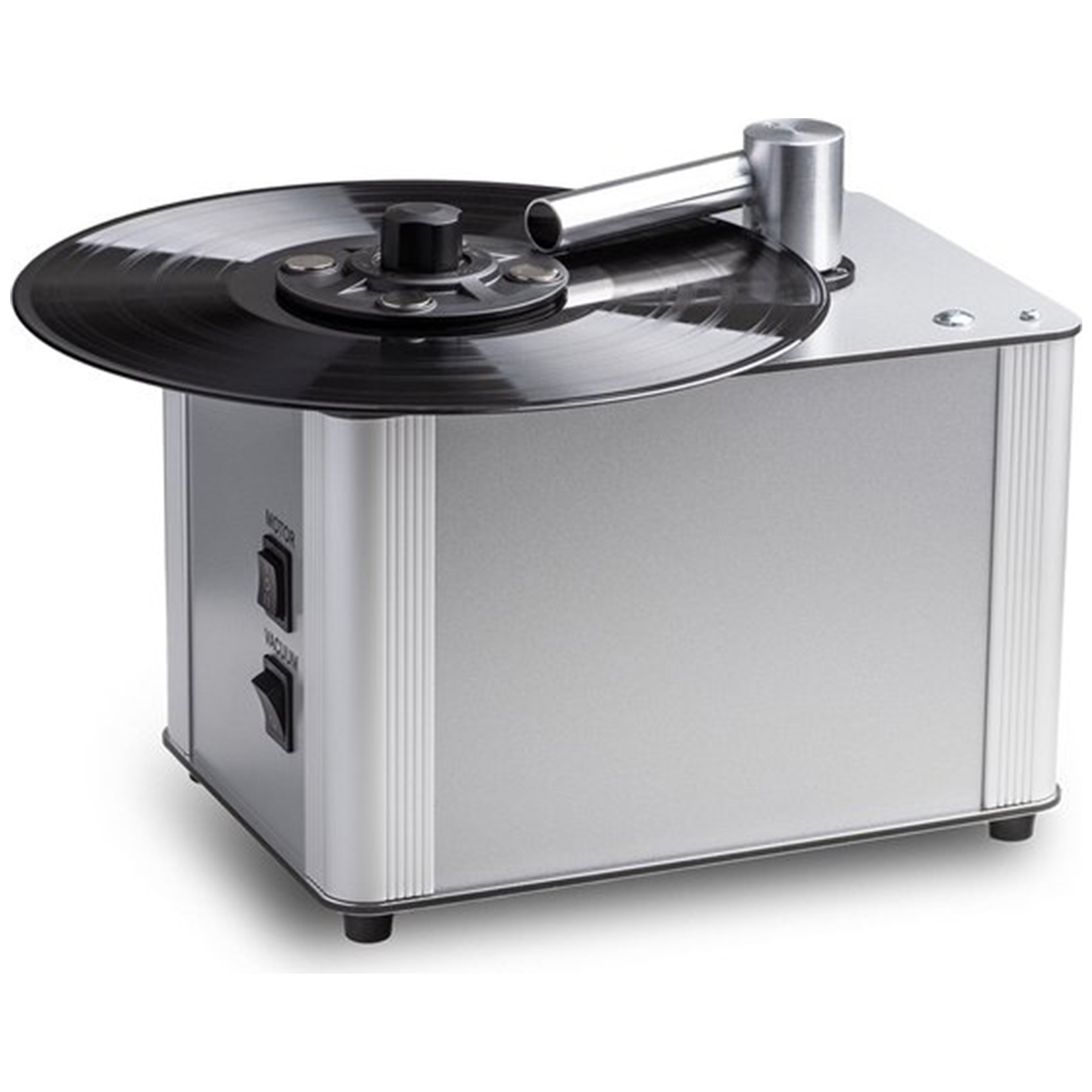 Srebrna maszyna do czyszczenia płyt. Płyta winylowa na górze. Maszyna ma dwa przyciski.