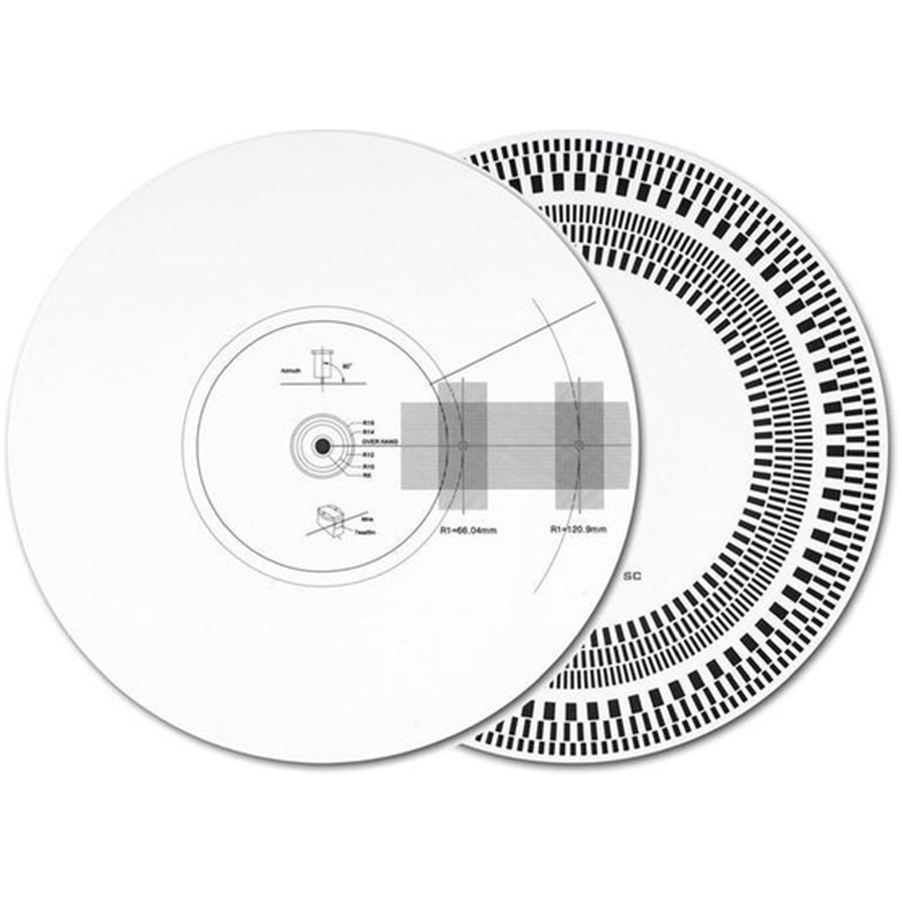 Dwa białe narzędzia do wyrównywania płyt winylowych z czarnymi oznaczeniami. Tło jest białe.