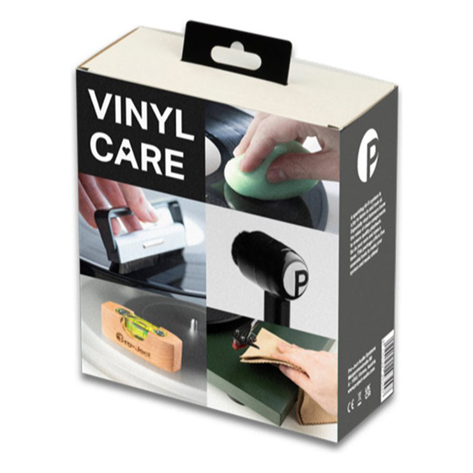 Pudełko zestawu do pielęgnacji winyli ze zdjęciami pokazującymi narzędzia do czyszczenia i gramofon.