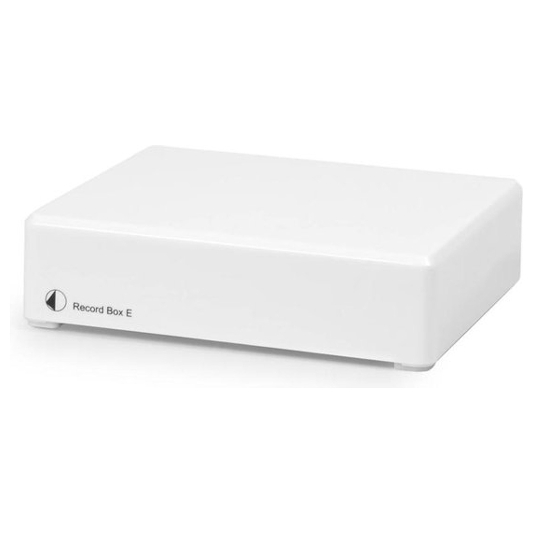 Witte Record Box E, een rechthoekige audio component met een subtiel logo links.
