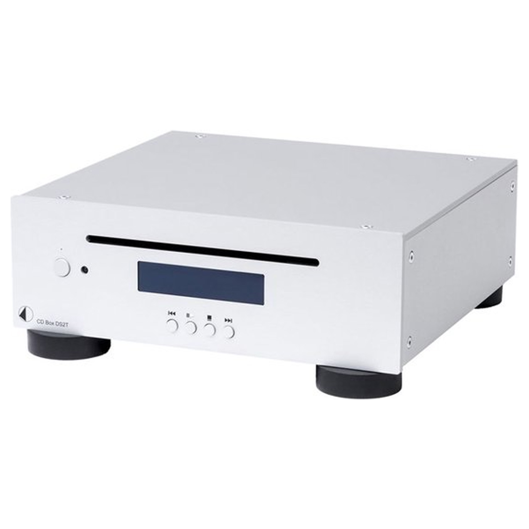 Silver CD player with black feet. Buttons, display, and CD slot visible.