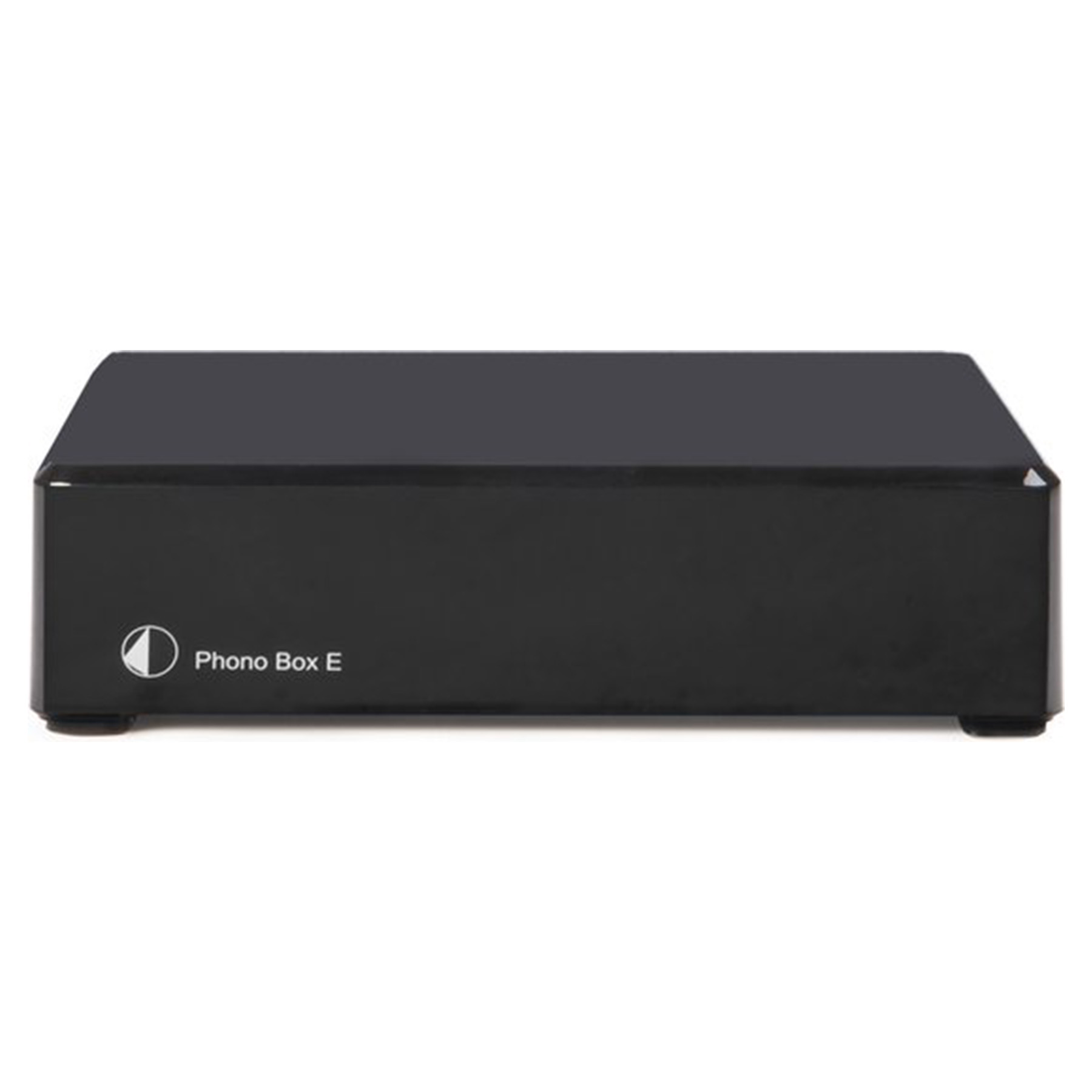 Czarny prostokątny odtwarzacz audio, z okrągłym logo i napisem 'Phono Box E'.