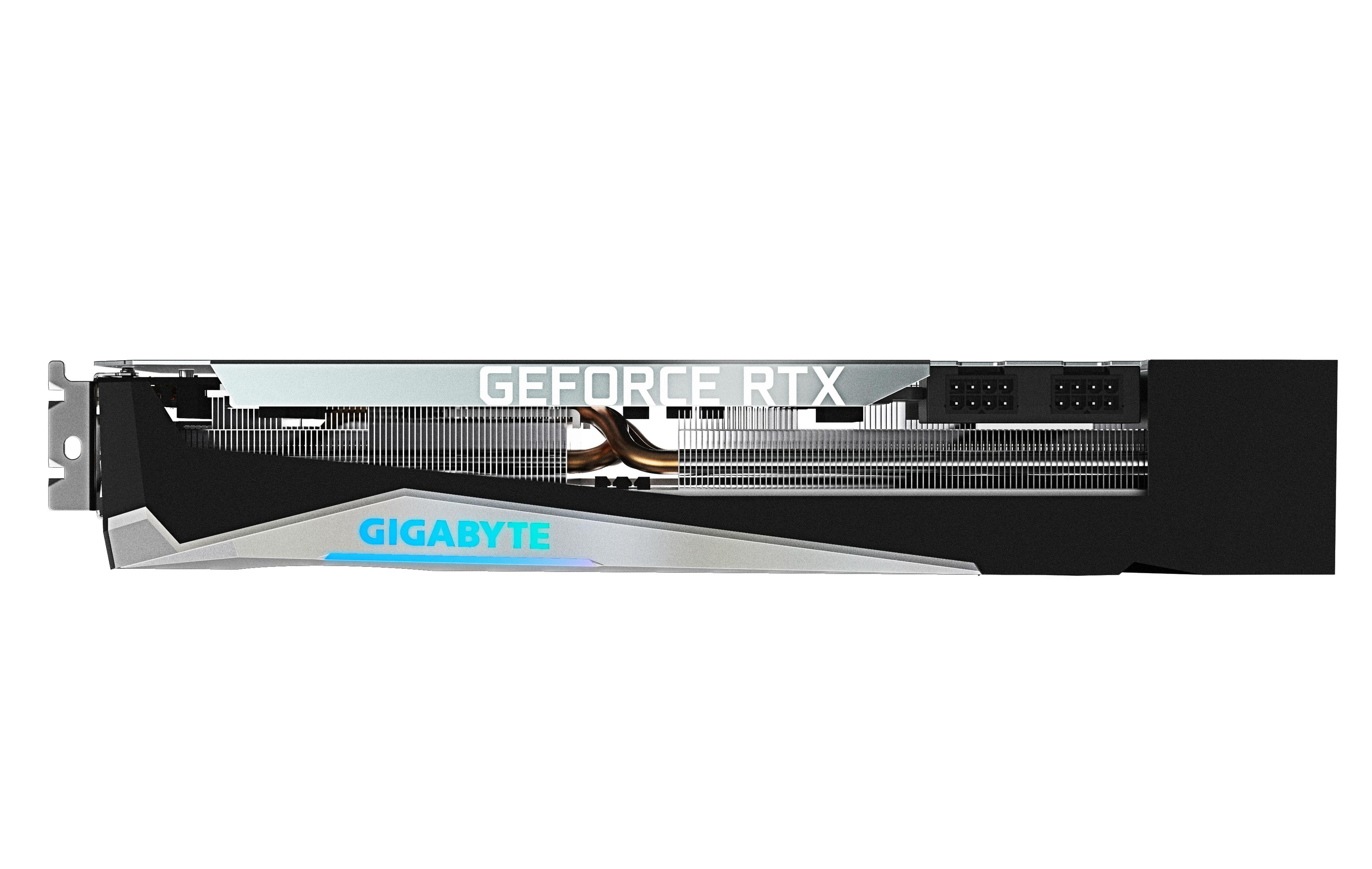 Tarjeta gráfica, GIGABYTE, con el texto 'GEFORCE RTX' sobre fondo blanco.