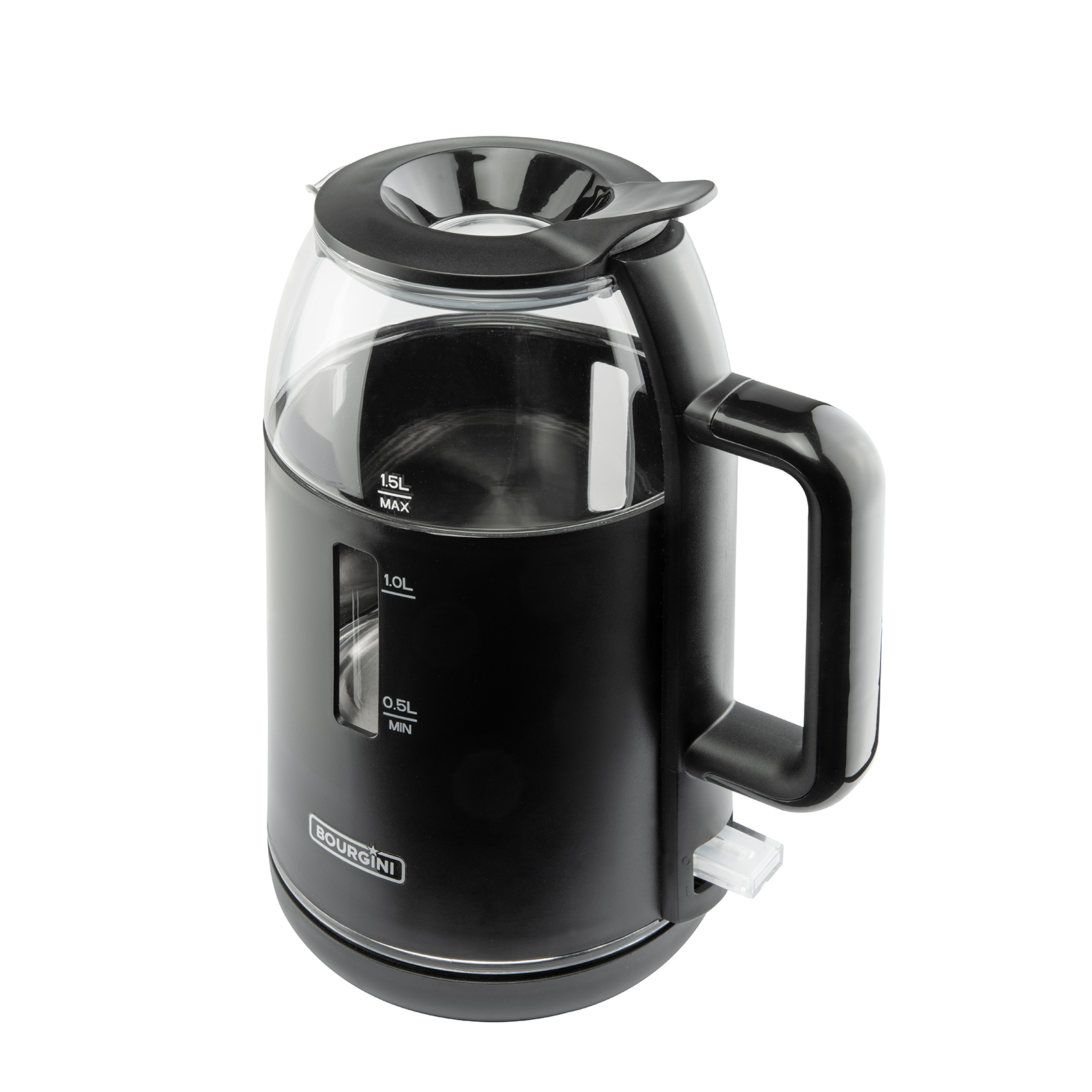 Czajnik elektryczny w kolorze czarnym z przezroczystym szklanym korpusem, uchwytem i wskaźnikami poziomu wody.