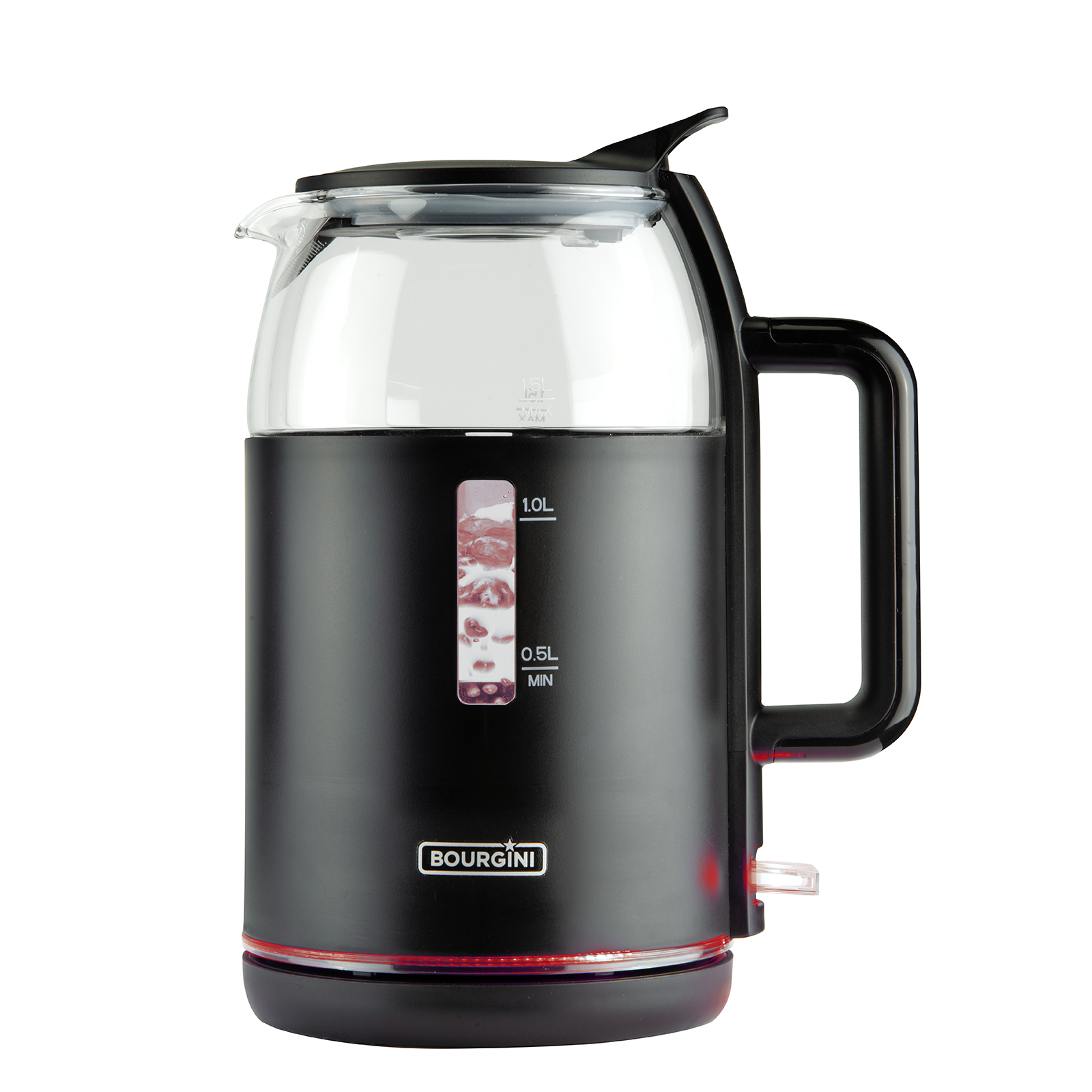 Czarny czajnik elektryczny ze szklanym wierzchem. Ma uchwyt, wskaźnik poziomu wody i czerwone światło u podstawy.