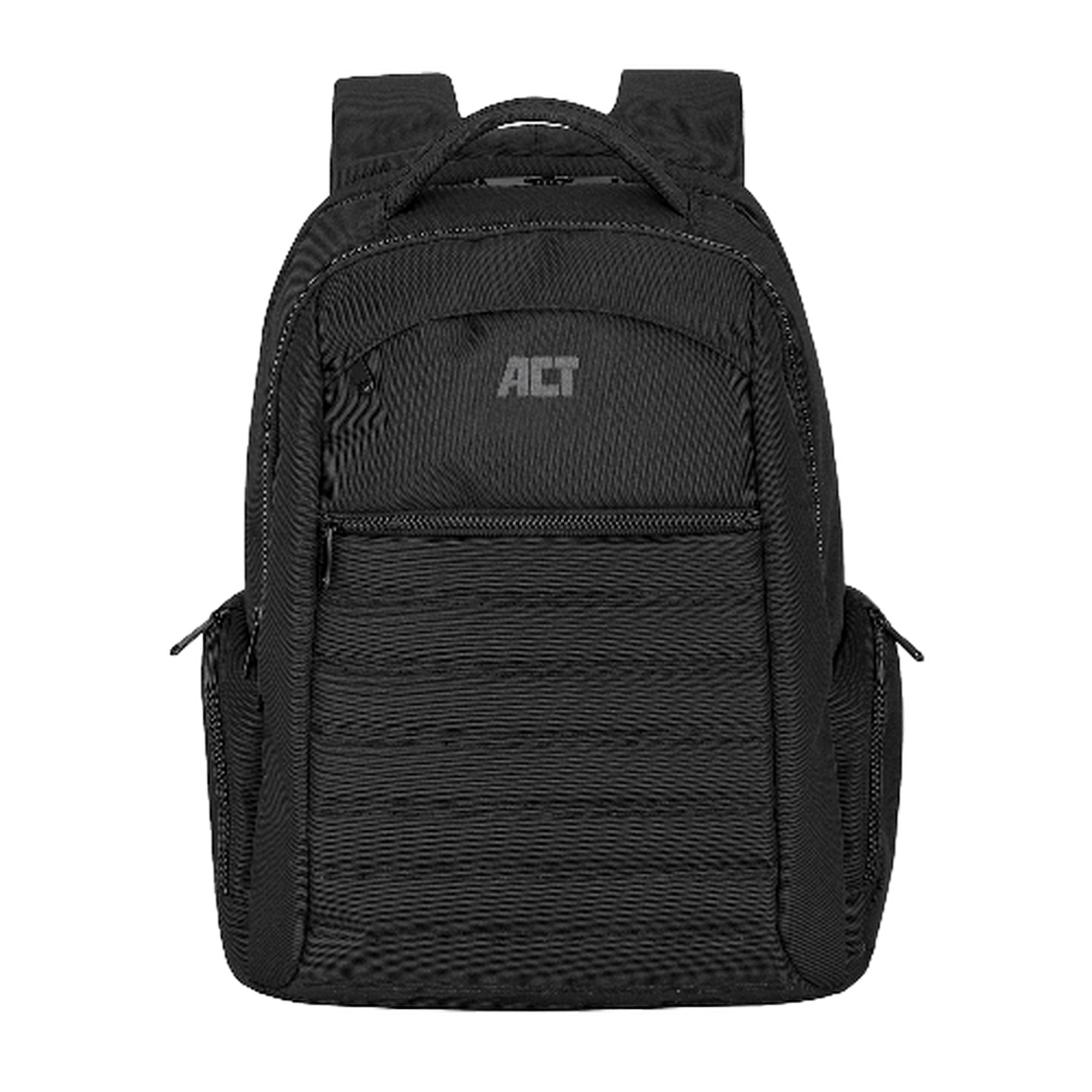 Ein schwarzer Rucksack mit dem Wort "ACT" darauf. Er hat mehrere Fächer und Gurte.