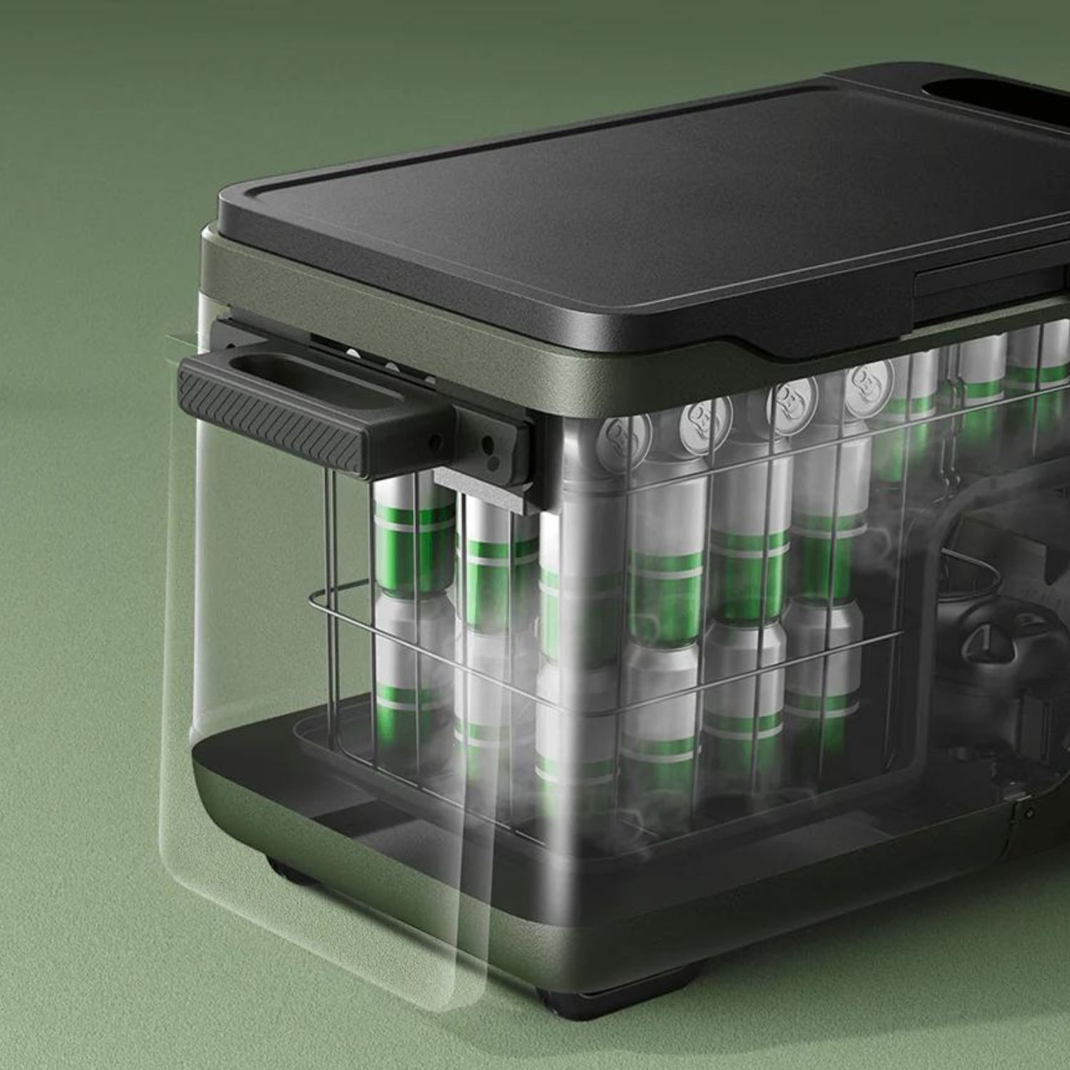 Zamknięta chłodziarka z przezroczystym bokiem pokazującym wiele napojów w puszkach.