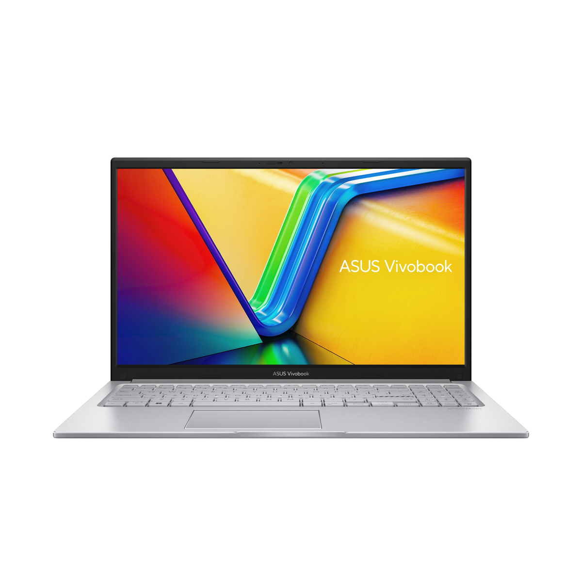Laptop argento con schermo colorato, aperto su una superficie bianca.