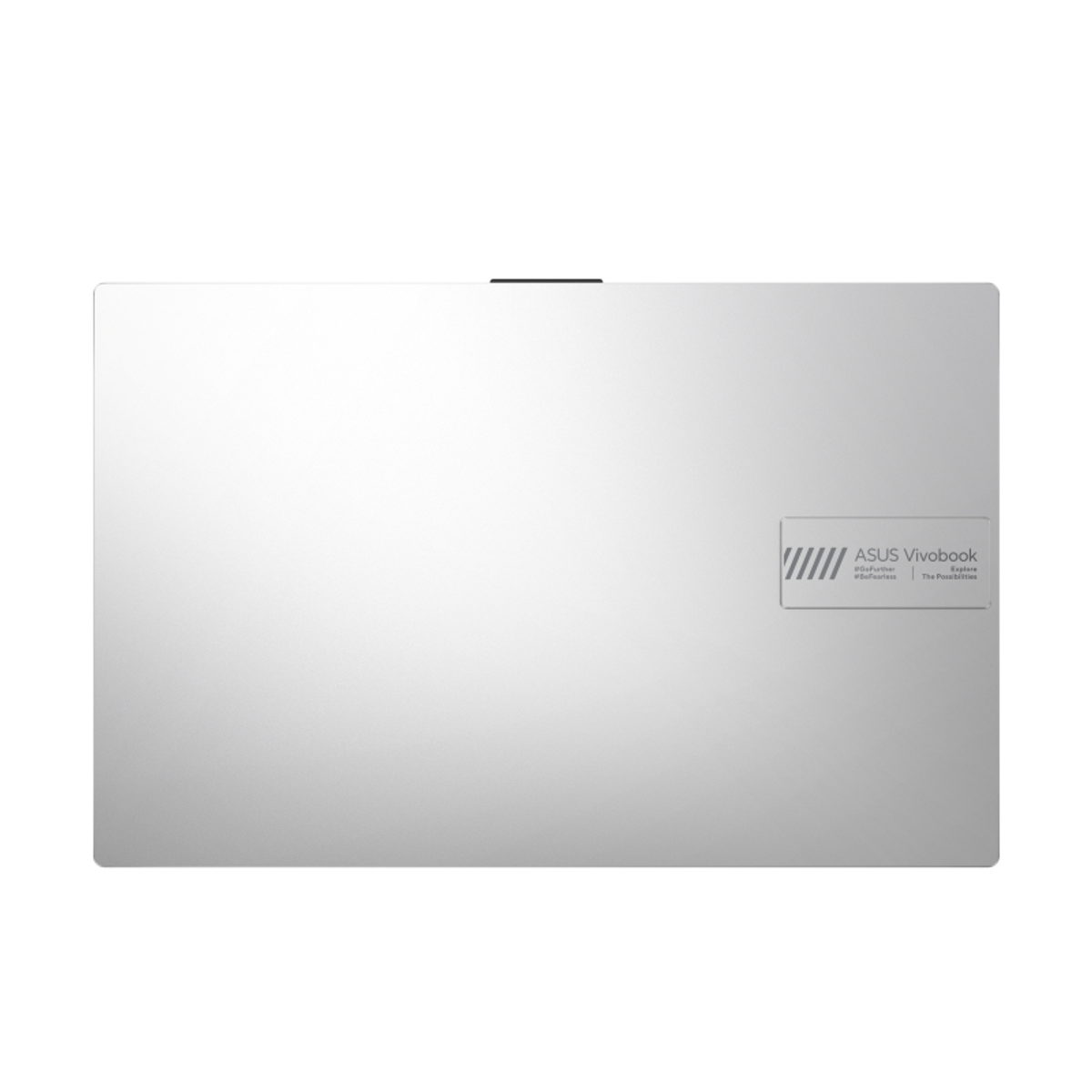 La parte trasera de un portátil plateado con el logotipo de ASUS Vivobook.