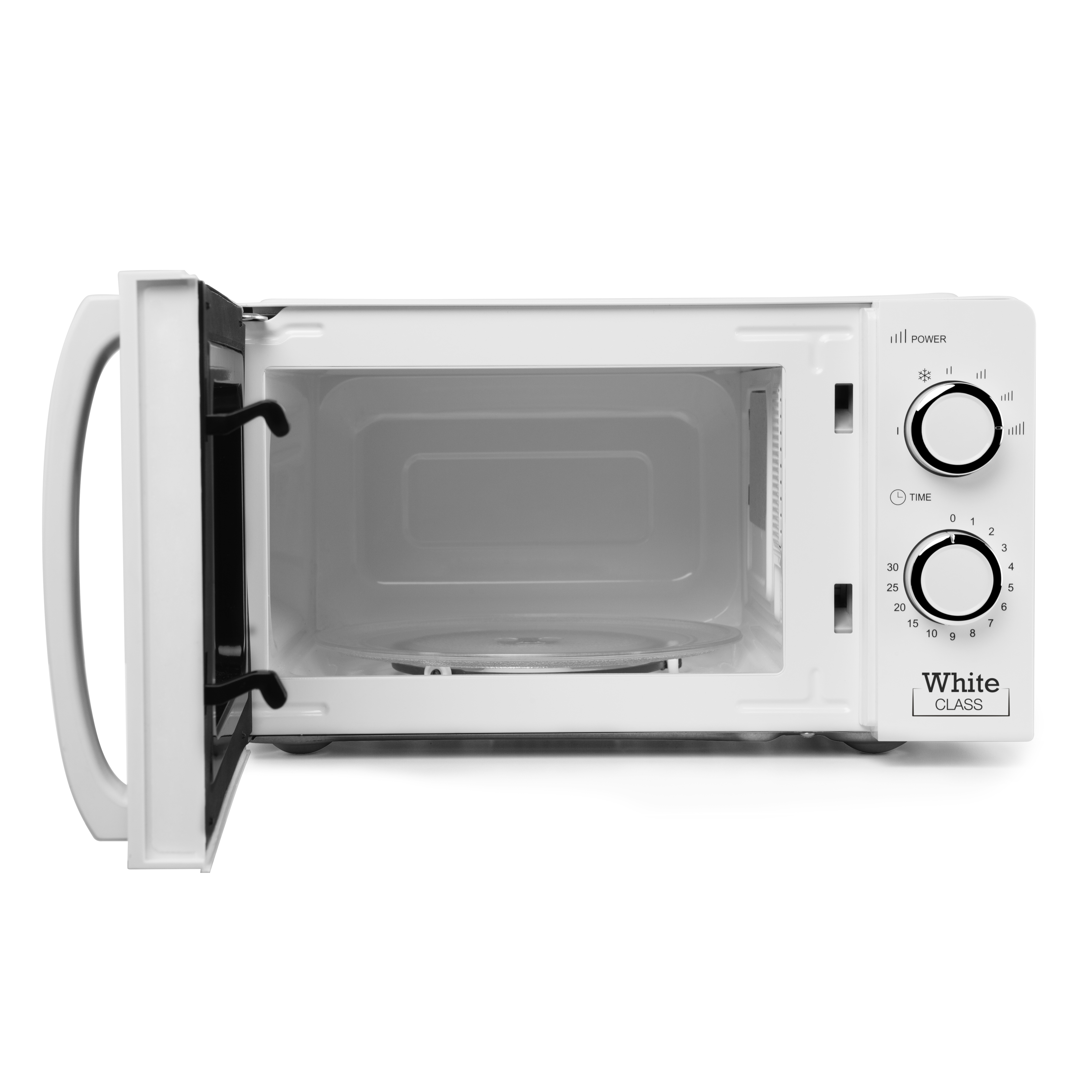 Un microondas blanco con la puerta abierta, mostrando el interior y el panel de control.